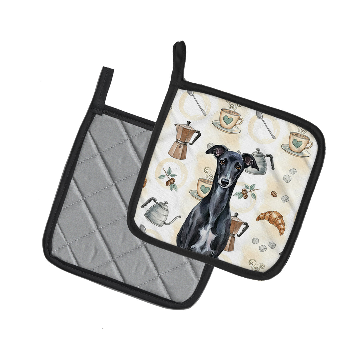 Caroline's Treasures Black Whippet Coffee Bar Pair of Pot Holders