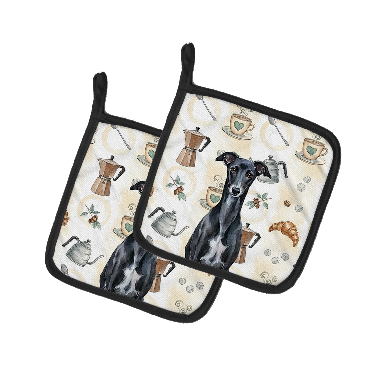 Caroline's Treasures Black Whippet Coffee Bar Pair of Pot Holders