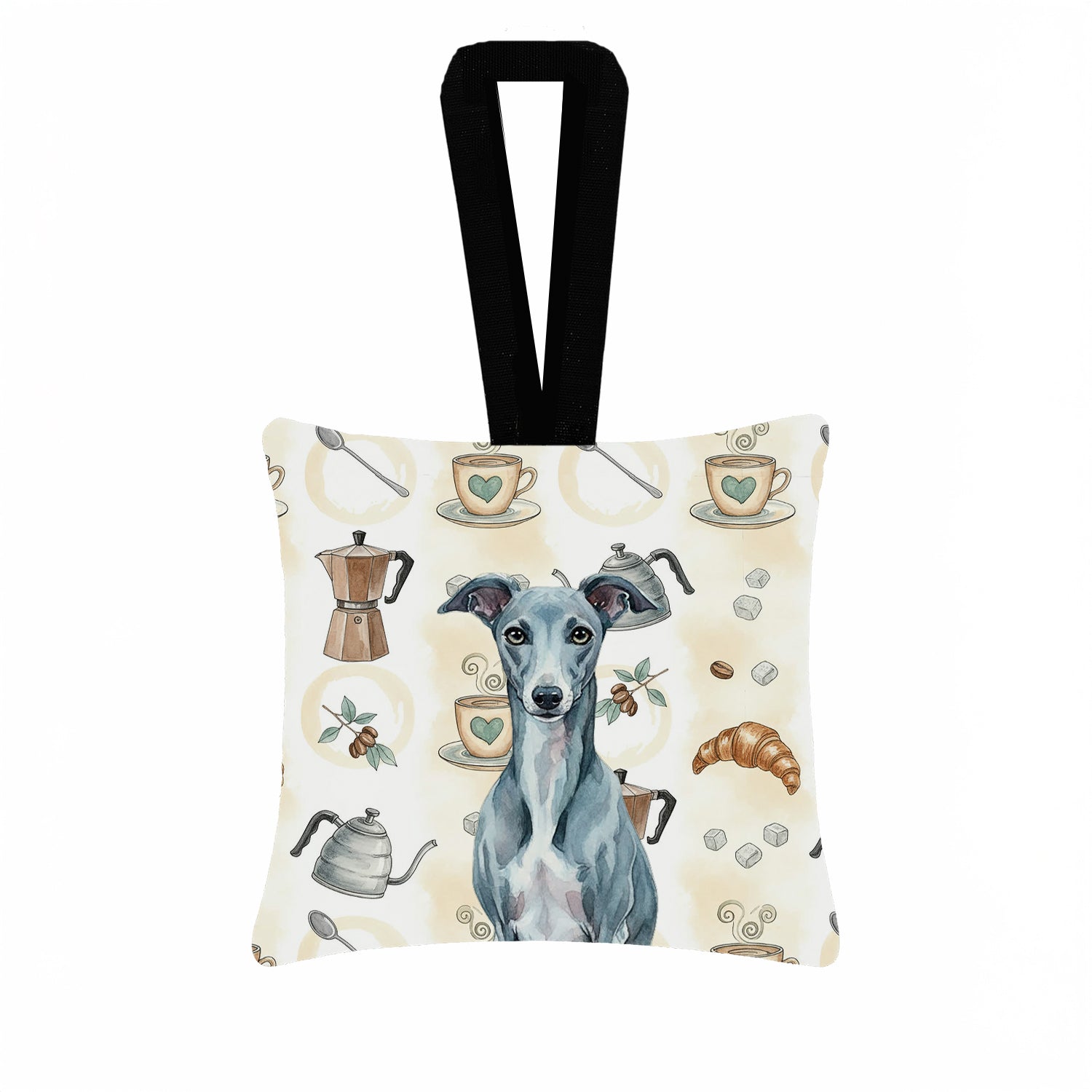 Caroline's Treasures Blue Whippet Coffee Bar Hanging Square Fabric Ornament 3.5 × 3.5