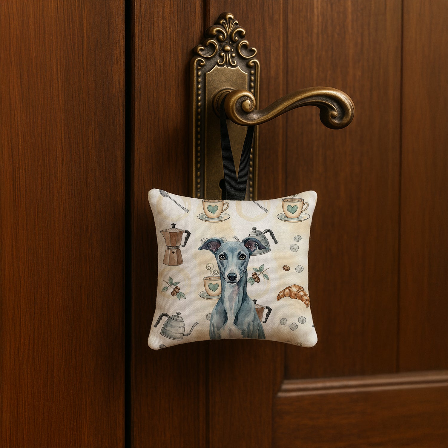 Caroline's Treasures Blue Whippet Coffee Bar Hanging Square Fabric Ornament 3.5 × 3.5
