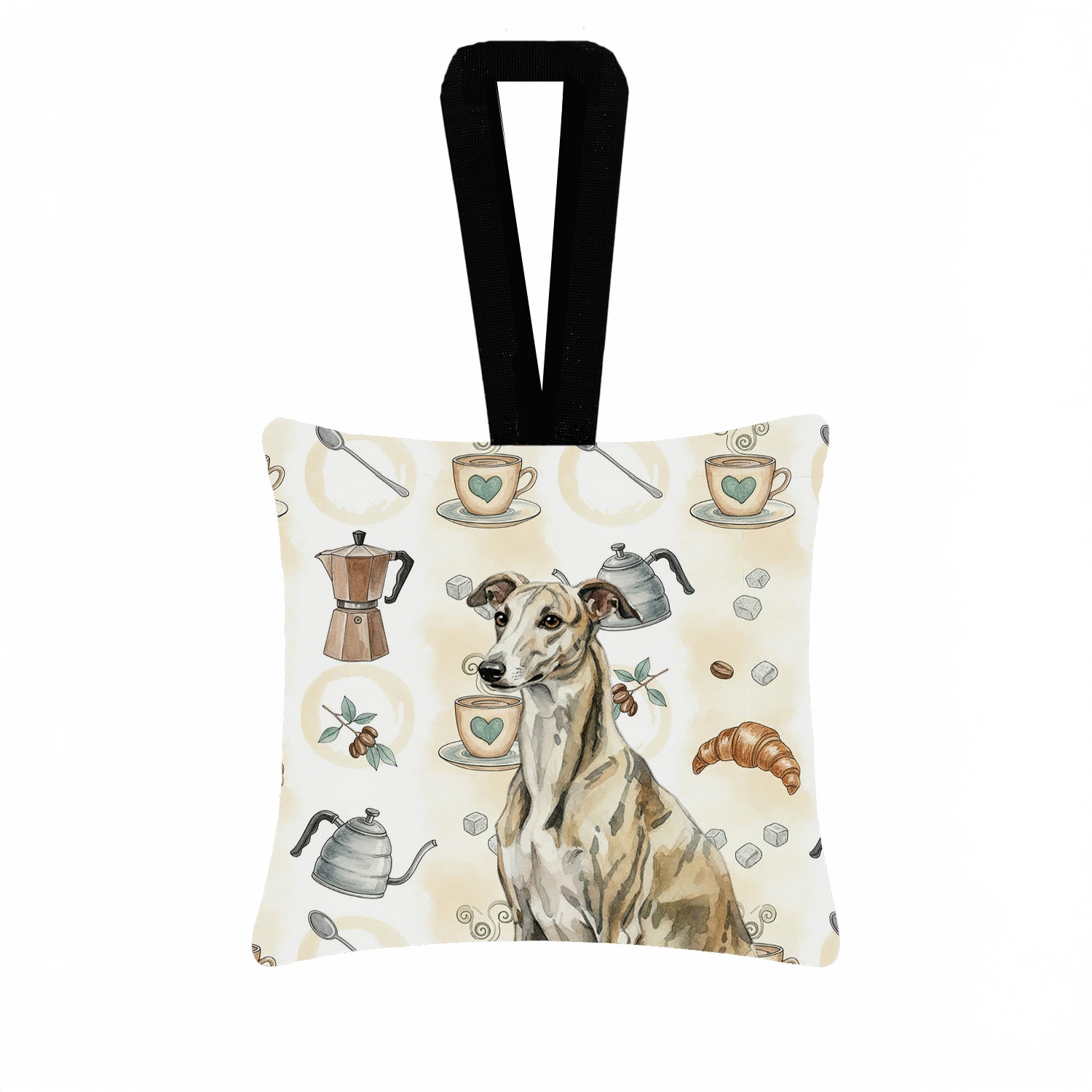 Caroline's Treasures Brindle Whippet Coffee Bar Hanging Square Fabric Ornament 3.5 × 3.5