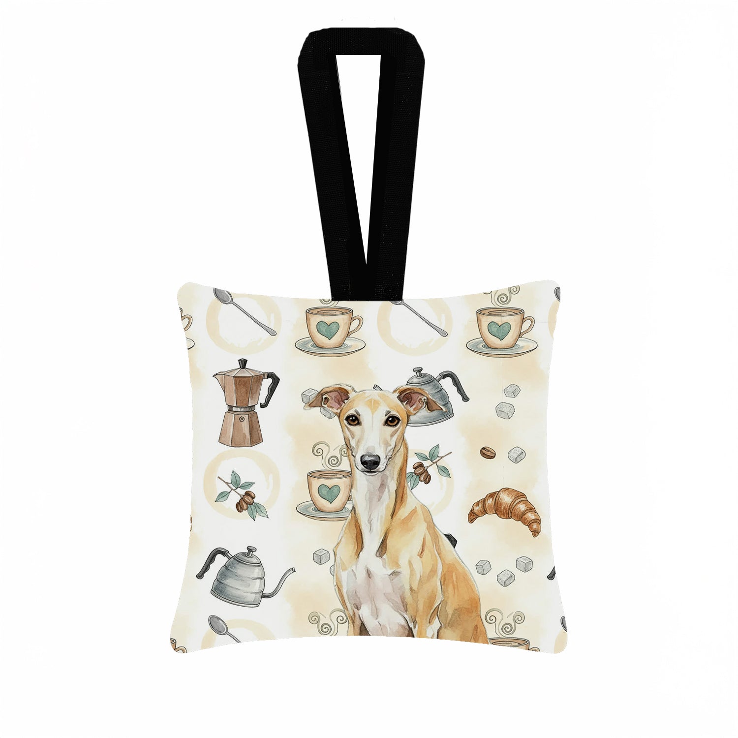 Caroline's Treasures Fawn Whippet Coffee Bar Hanging Square Fabric Ornament 3.5 × 3.5