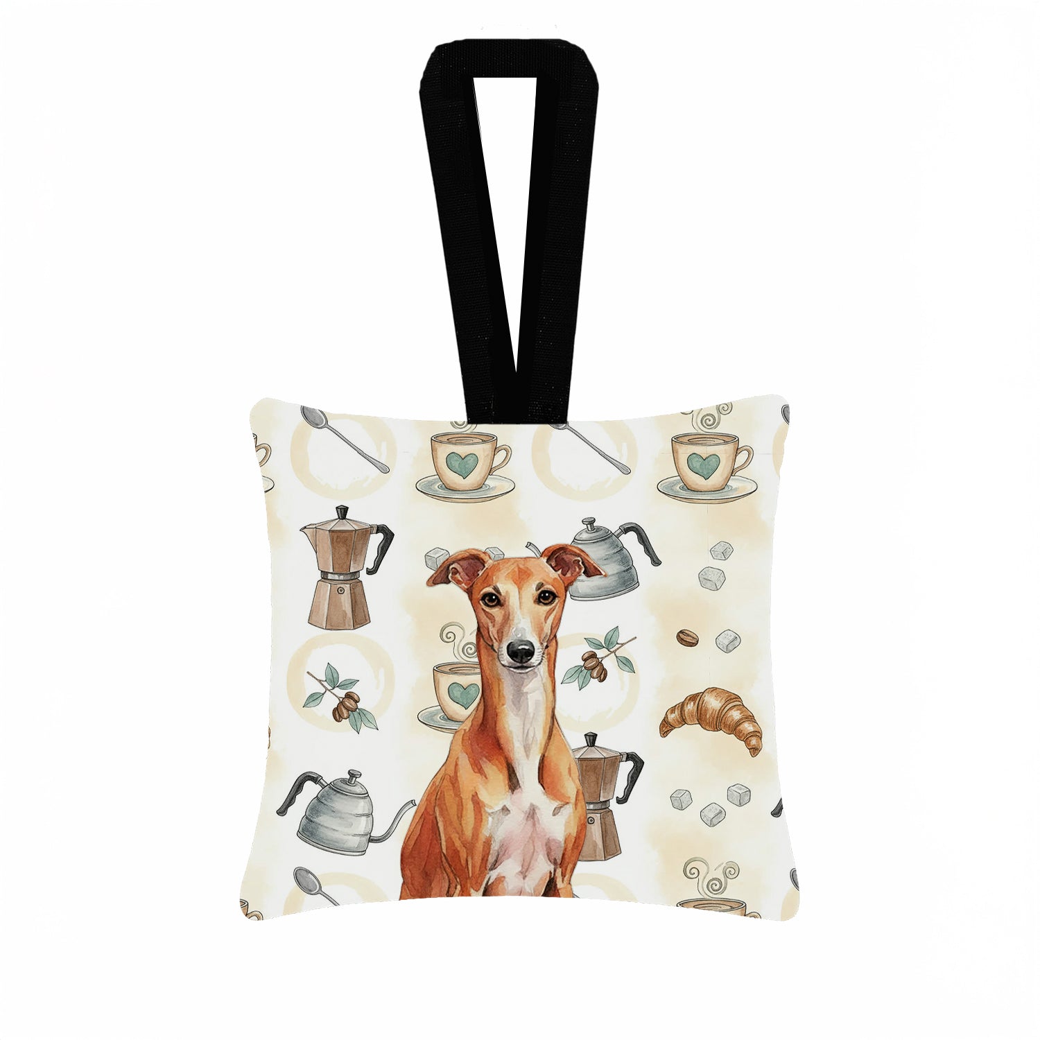 Caroline's Treasures Red Whippet Coffee Bar Hanging Square Fabric Ornament 3.5 × 3.5