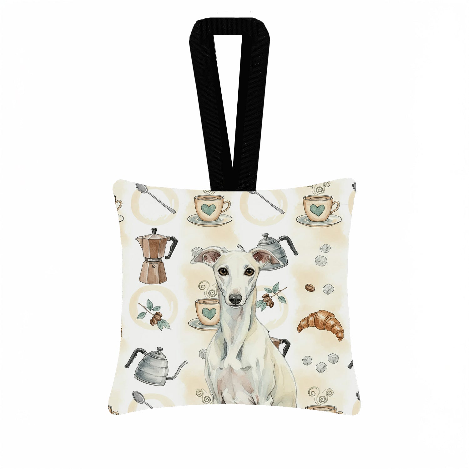 Caroline's Treasures White Whippet Coffee Bar Hanging Square Fabric Ornament 3.5 × 3.5