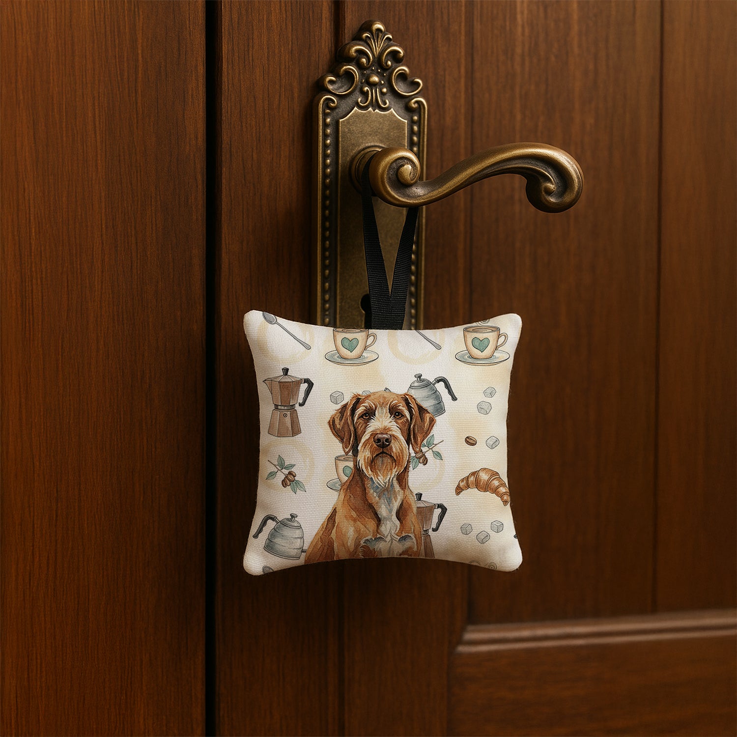 Caroline's Treasures Wirehaired Pointing Griffon Coffee Bar Hanging Square Fabric Ornament 3.5 × 3.5