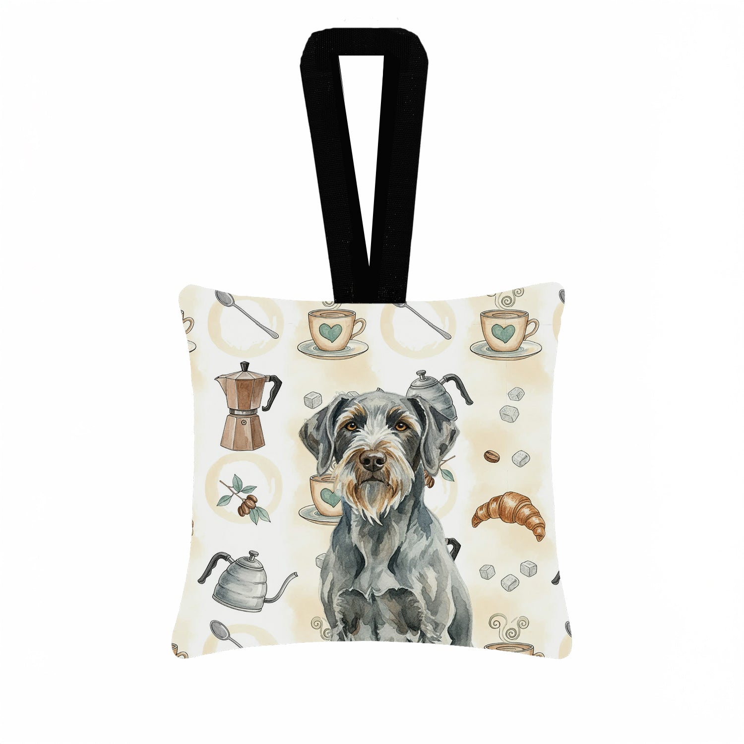 Caroline's Treasures Steel Gray Wirehaired Pointing Griffon Coffee Bar Hanging Square Fabric Ornament 3.5 × 3.5