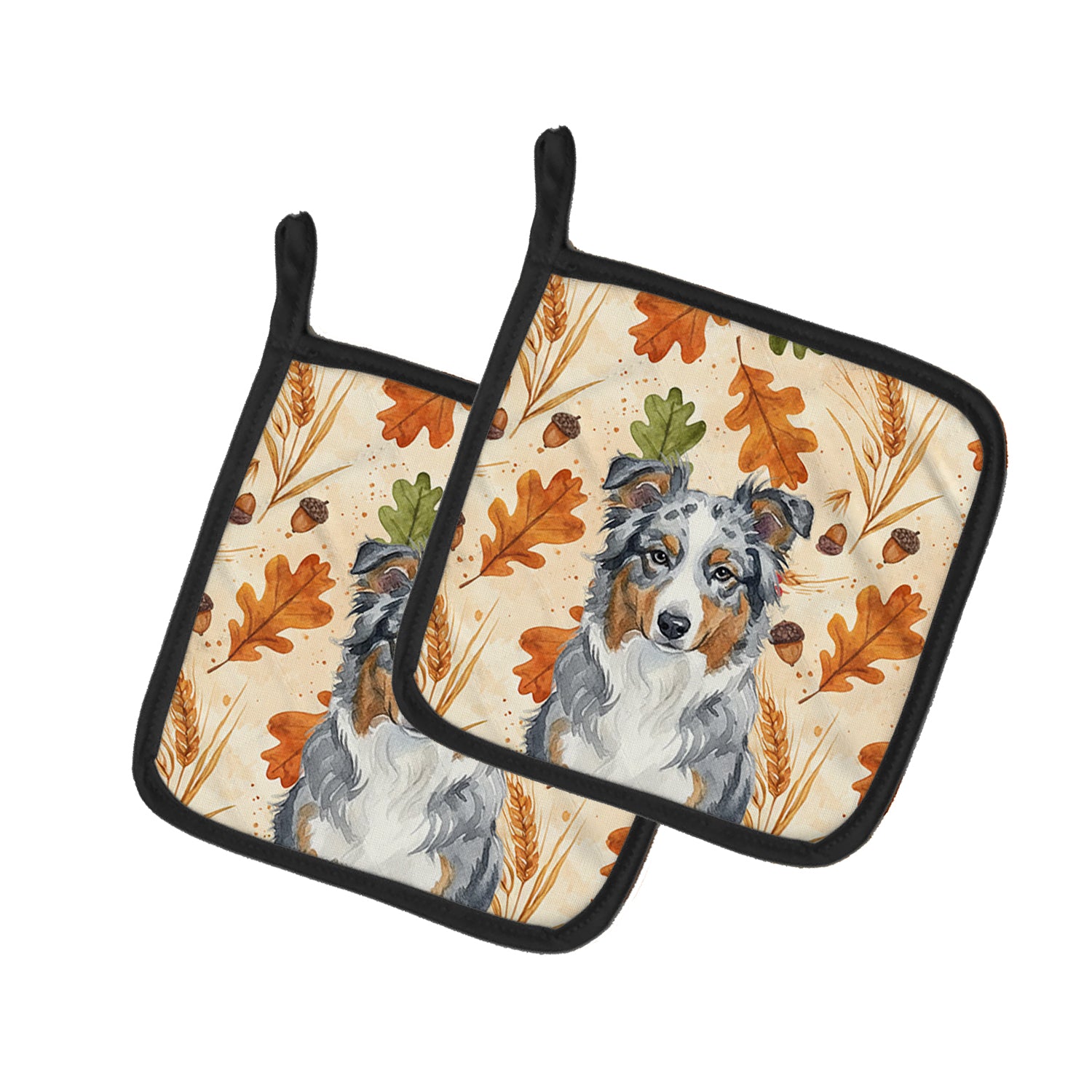 Caroline's Treasures Blue Merle American Shepherd Heirloom Fall Pair of Pot Holders