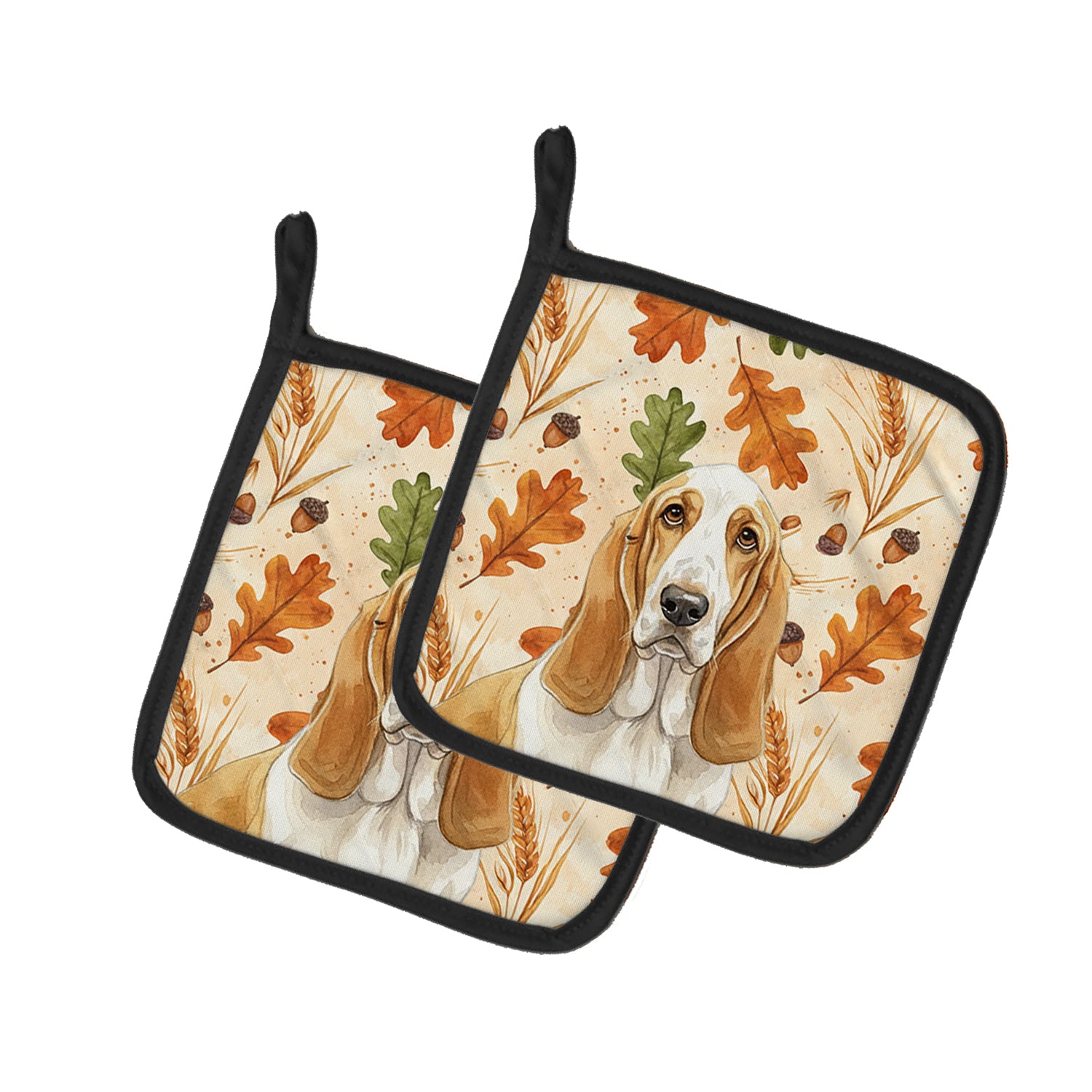 Caroline's Treasures Lemon and White Basset Hound Heirloom Fall Pair of Pot Holders