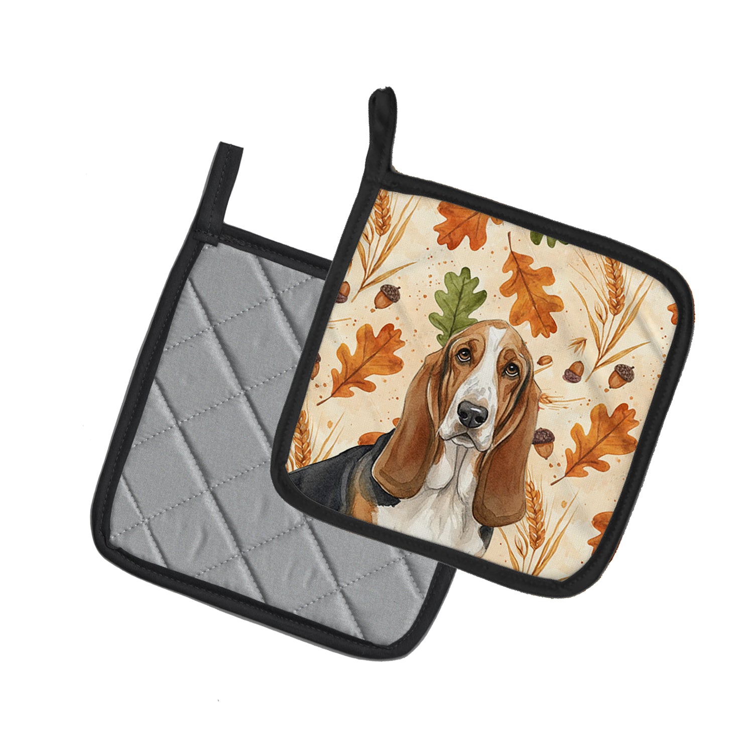 Caroline's Treasures Tricolor and White Basset Hound Heirloom Fall Pair of Pot Holders