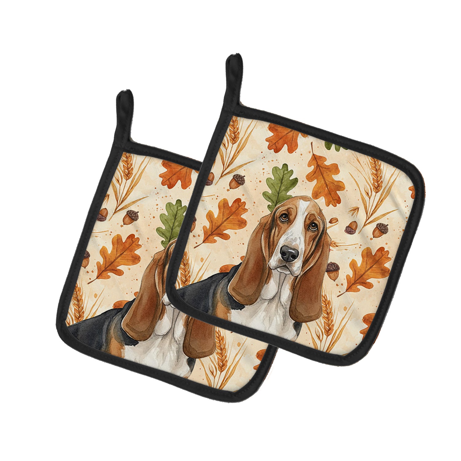 Caroline's Treasures Tricolor and White Basset Hound Heirloom Fall Pair of Pot Holders