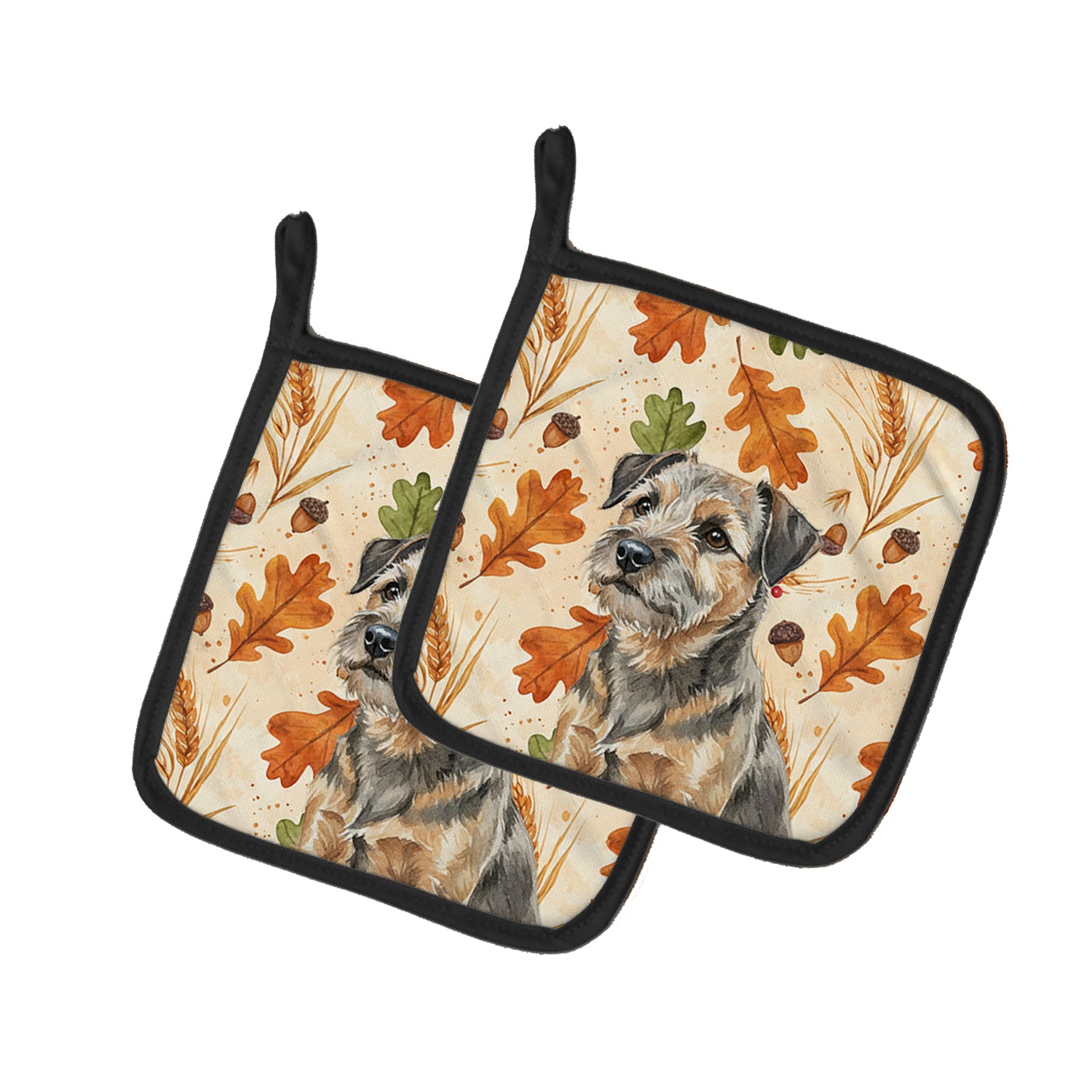 Caroline's Treasures Grizzle and Tan Border Terrier Heirloom Fall Pair of Pot Holders