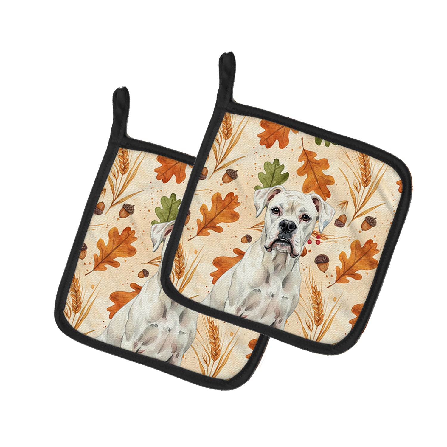 Caroline's Treasures White Boxer Heirloom Fall Pair of Pot Holders