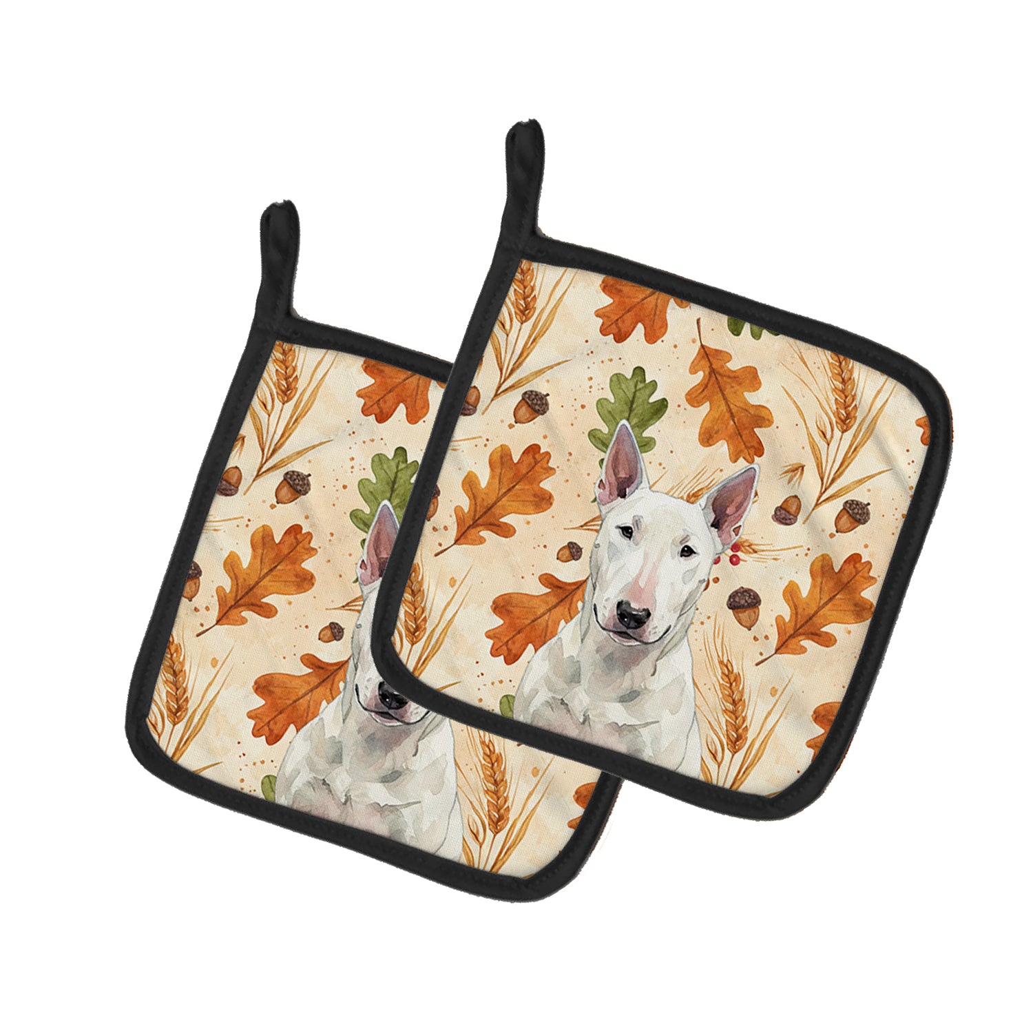 Caroline's Treasures White Bull Terrier Heirloom Fall Pair of Pot Holders