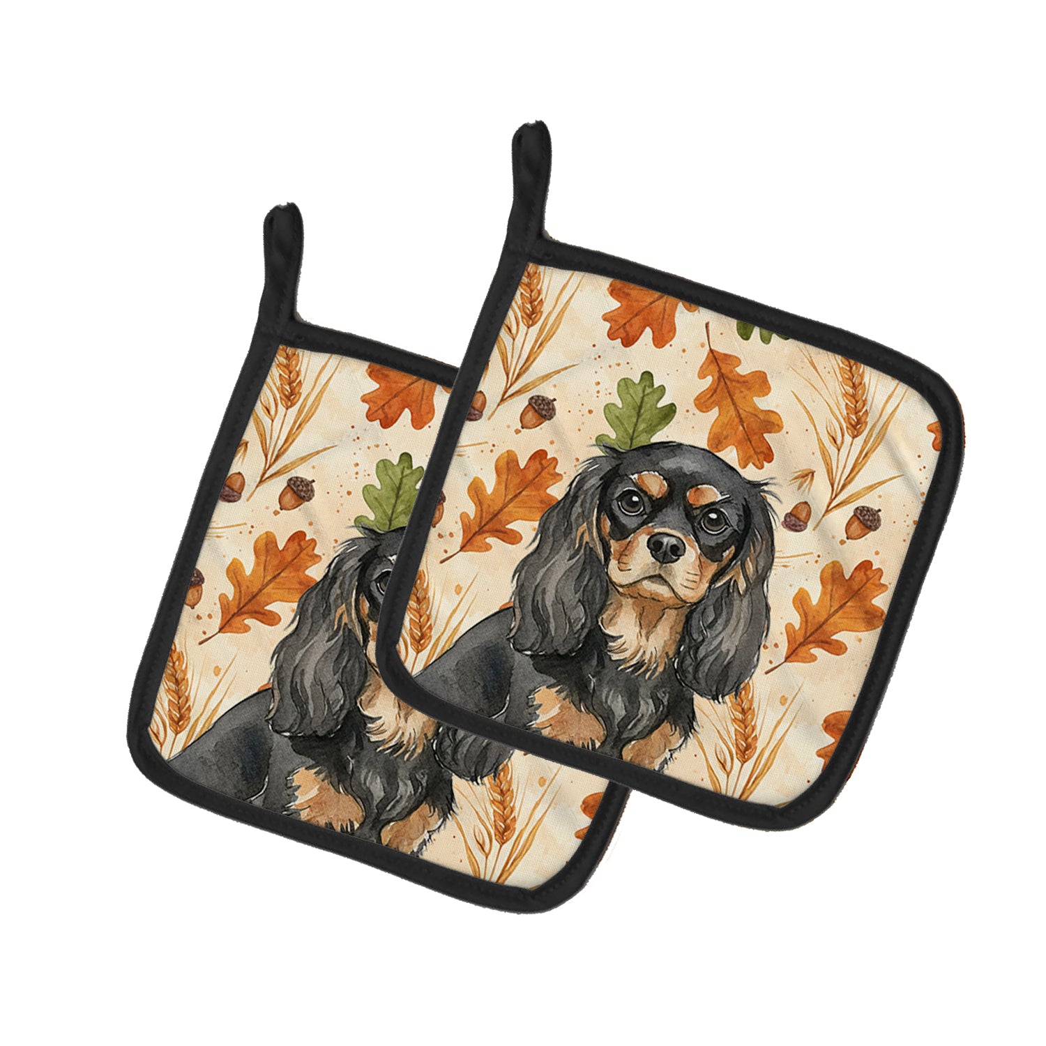 Caroline's Treasures Black and Tan Cavalier Spaniel Heirloom Fall Pair of Pot Holders