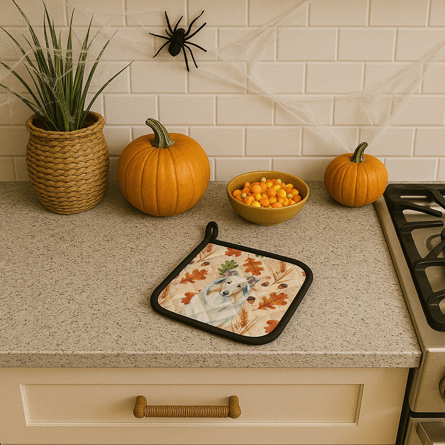 Caroline's Treasures White Collie Heirloom Fall Pair of Pot Holders