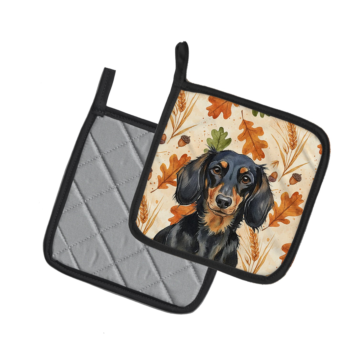 Caroline's Treasures Longhaired Black and Tan Dachshund Heirloom Fall Pair of Pot Holders