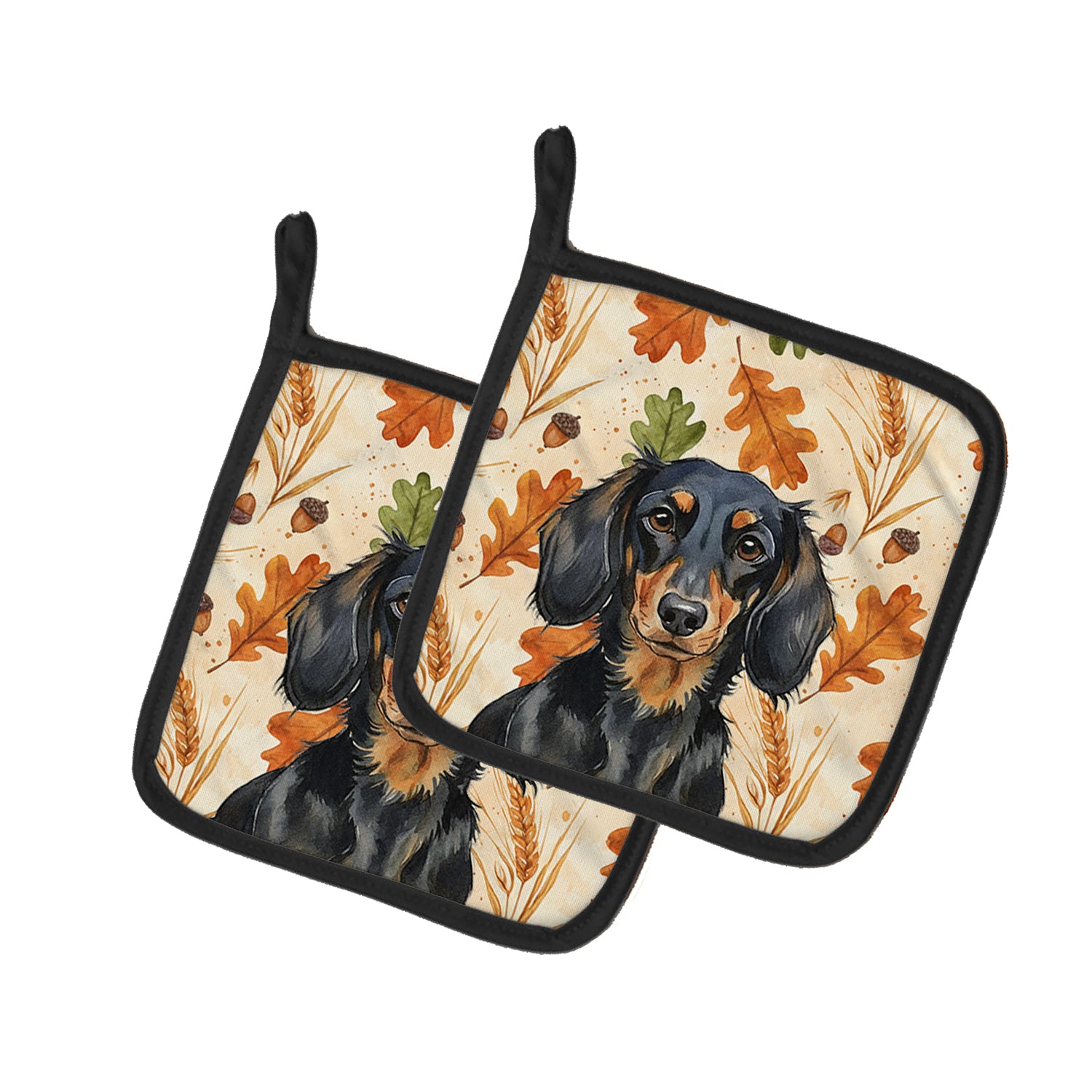 Caroline's Treasures Longhaired Black and Tan Dachshund Heirloom Fall Pair of Pot Holders