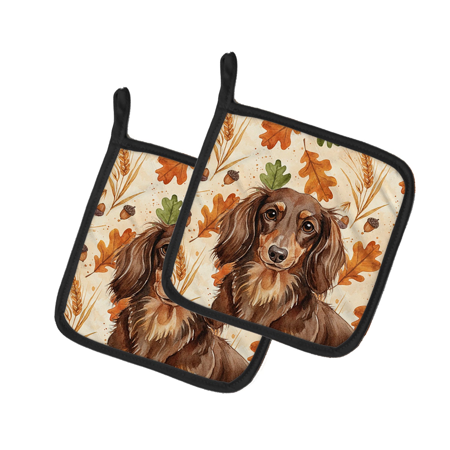 Caroline's Treasures Longhaired Chocolate and Tan Dachshund Heirloom Fall Pair of Pot Holders