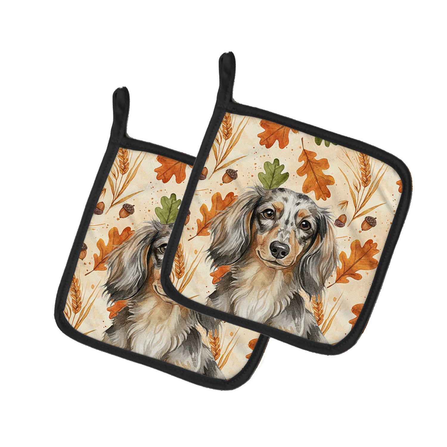 Caroline's Treasures Longhaired Dapple Dachshund Heirloom Fall Pair of Pot Holders