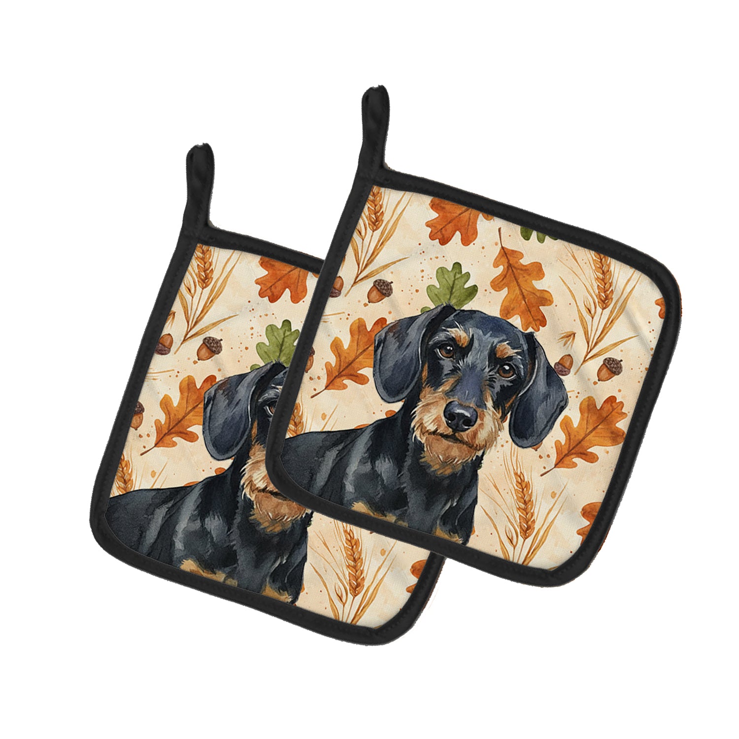 Caroline's Treasures Wirehaired Black and Tan Dachshund Heirloom Fall Pair of Pot Holders