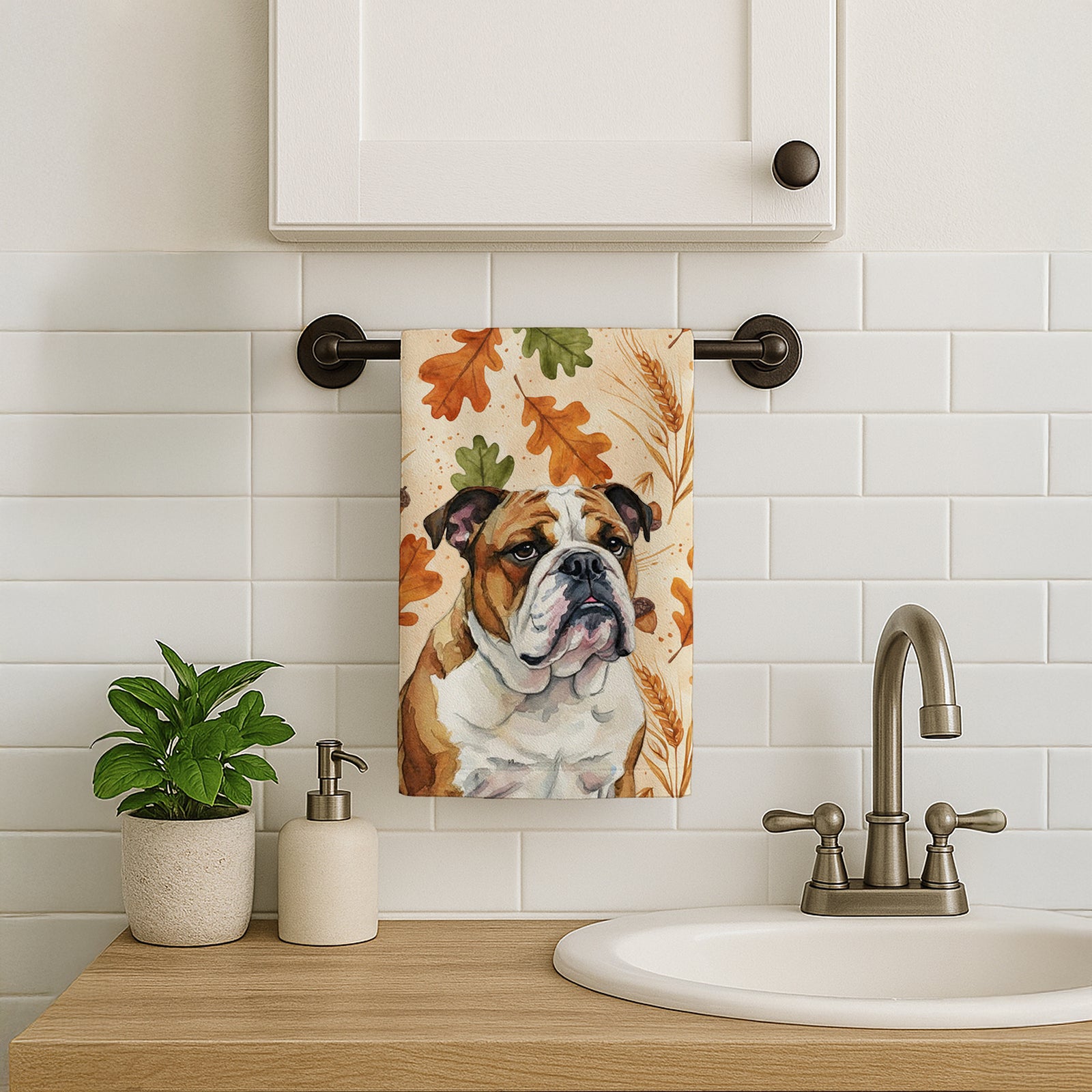 Caroline's Treasures Brindle and White English Bulldog Heirloom Fall Kitchen Towel