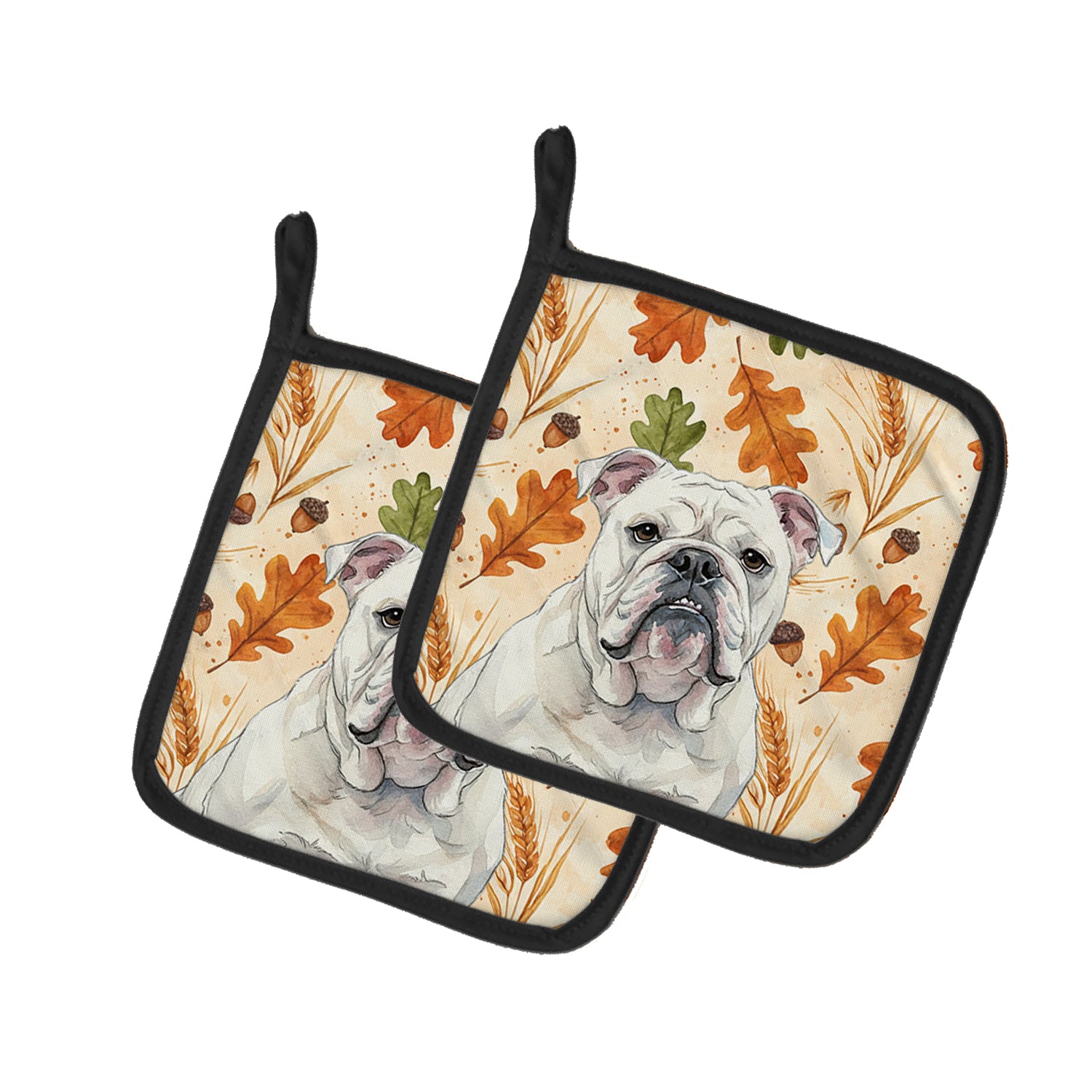 Caroline's Treasures White English Bulldog Heirloom Fall Pair of Pot Holders