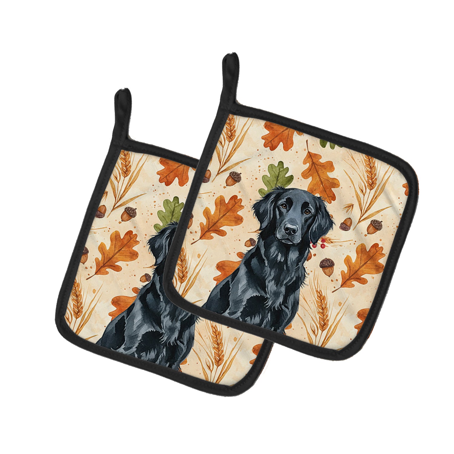 Caroline's Treasures Black Flat-Coated Retriever Heirloom Fall Pair of Pot Holders