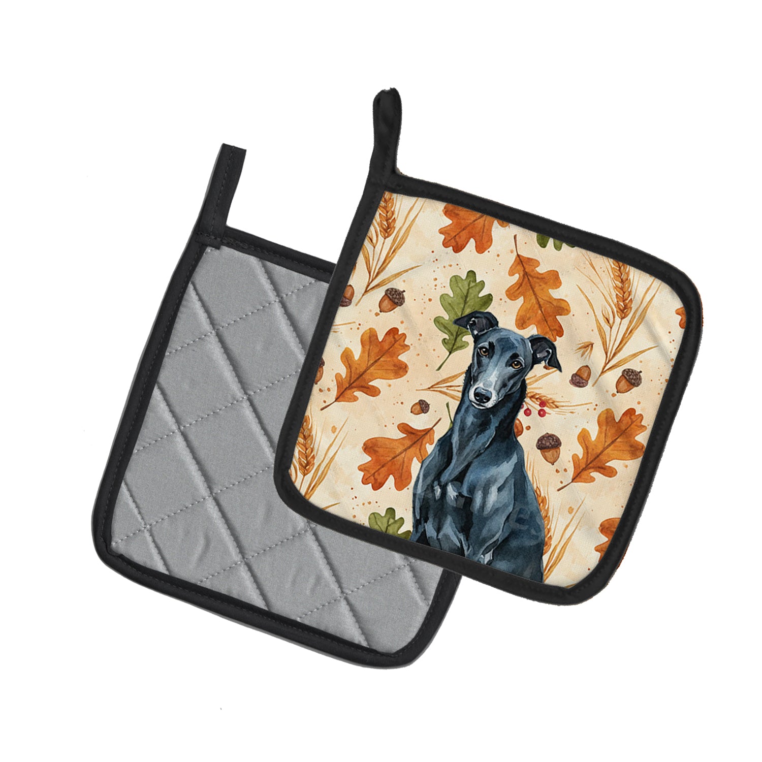 Caroline's Treasures Black Greyhound Heirloom Fall Pair of Pot Holders