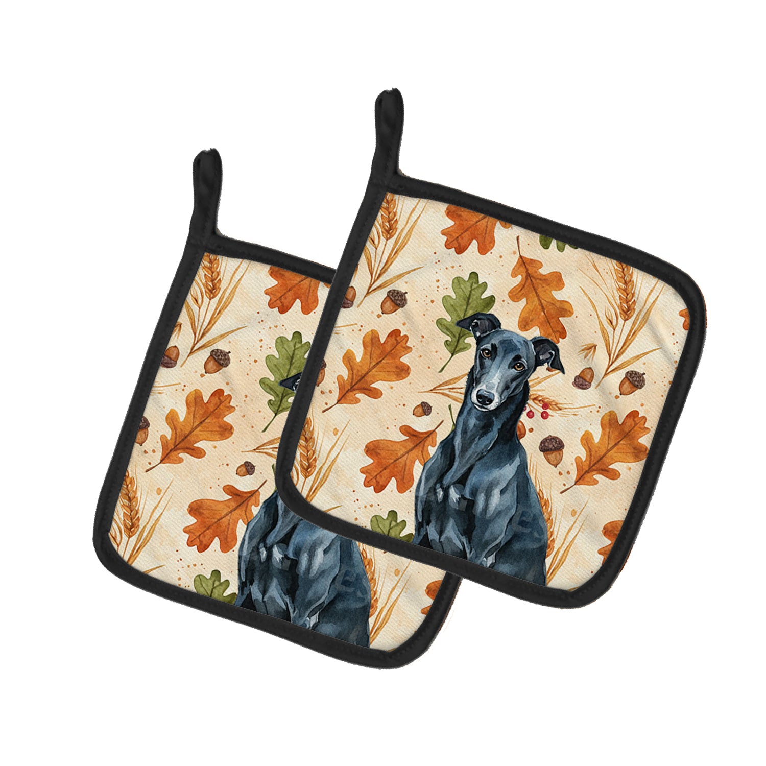 Caroline's Treasures Black Greyhound Heirloom Fall Pair of Pot Holders