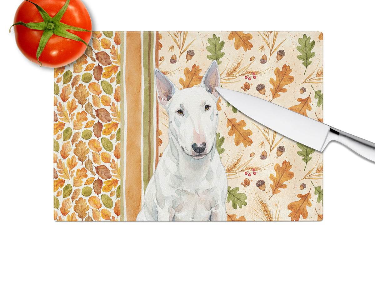 Caroline's Treasures White Miniature Bull Terrier Heirloom Fall Glass Cutting Board