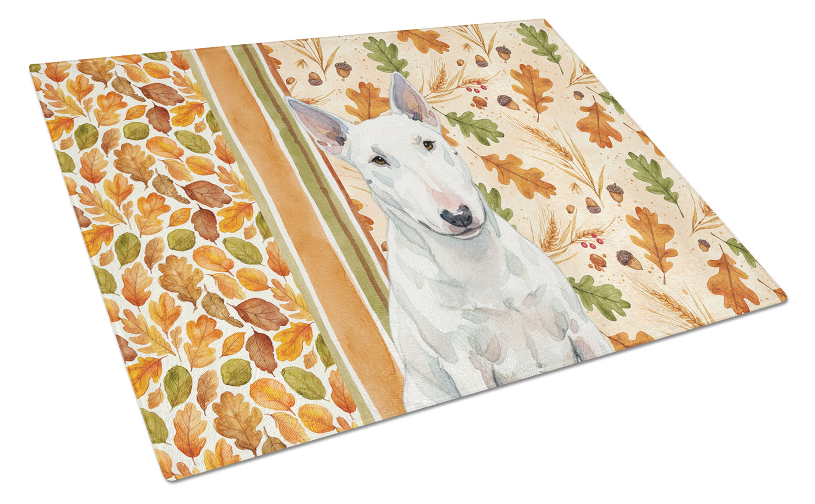 Caroline's Treasures White Miniature Bull Terrier Heirloom Fall Glass Cutting Board