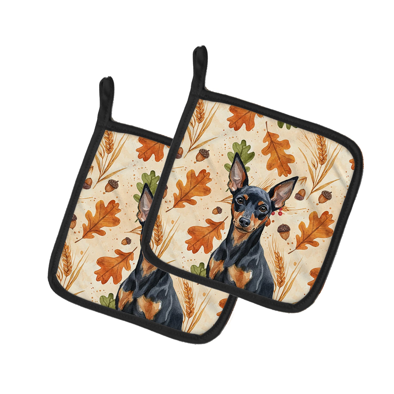 Caroline's Treasures Black and Tan Miniature Pinscher Heirloom Fall Pair of Pot Holders