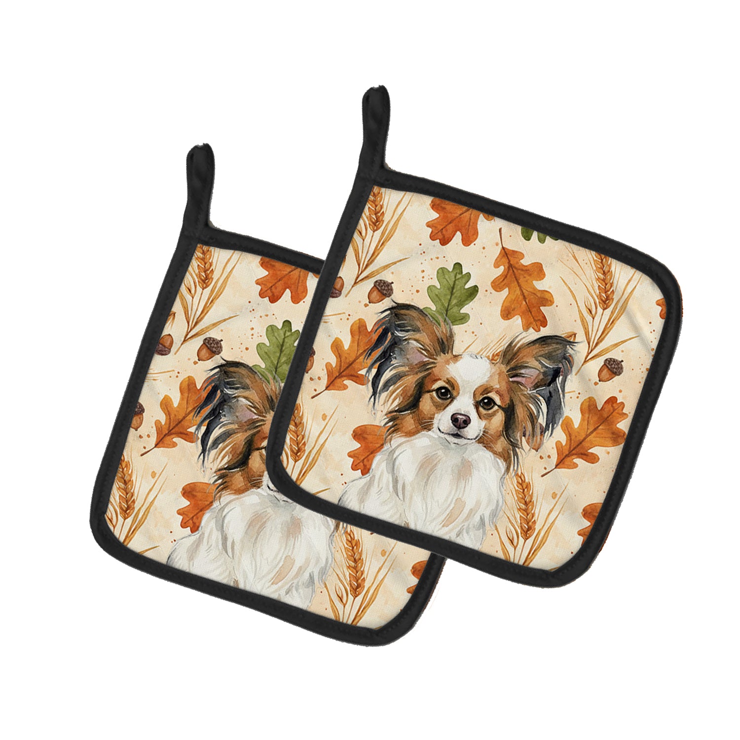 Caroline's Treasures White with Sable Papillon Heirloom Fall Pair of Pot Holders