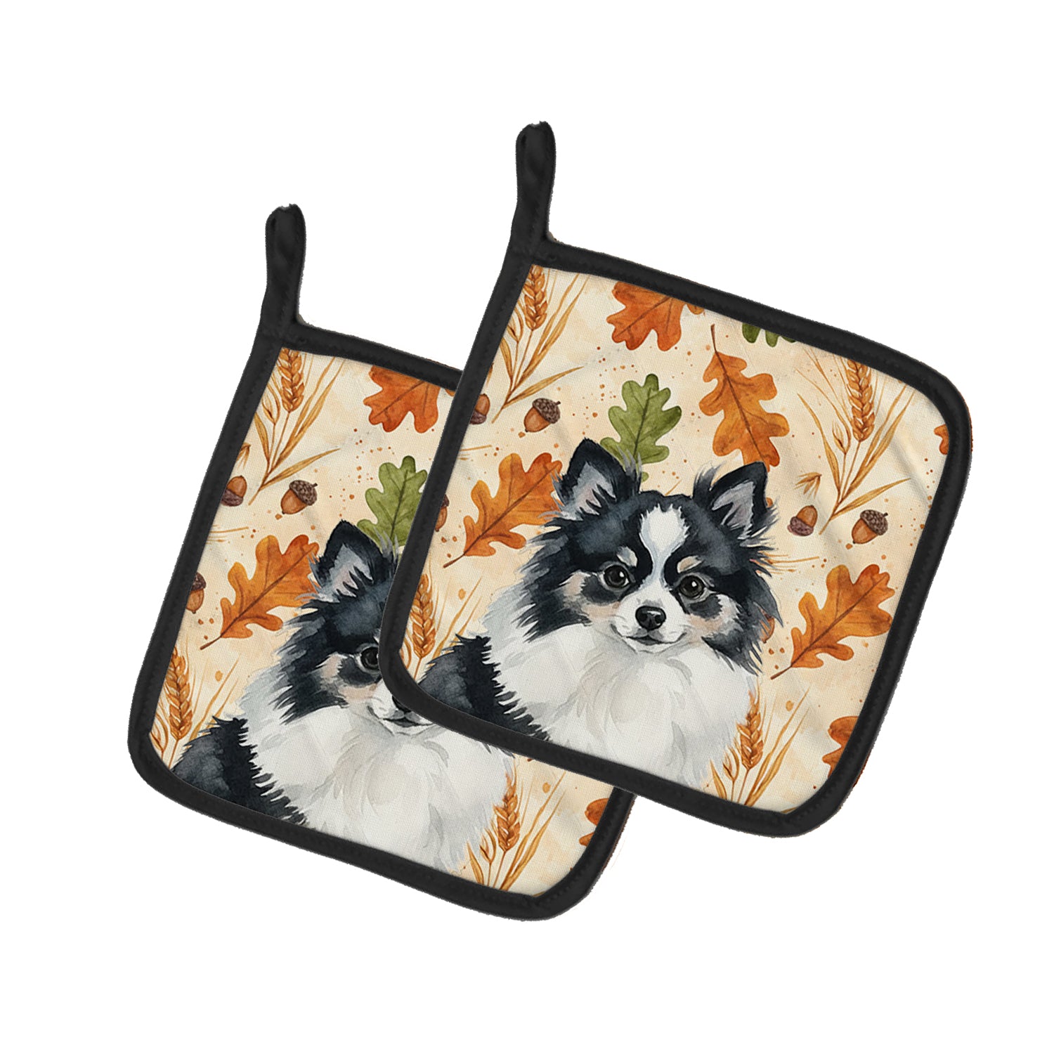 Caroline's Treasures Black and White Pomeranian Heirloom Fall Pair of Pot Holders