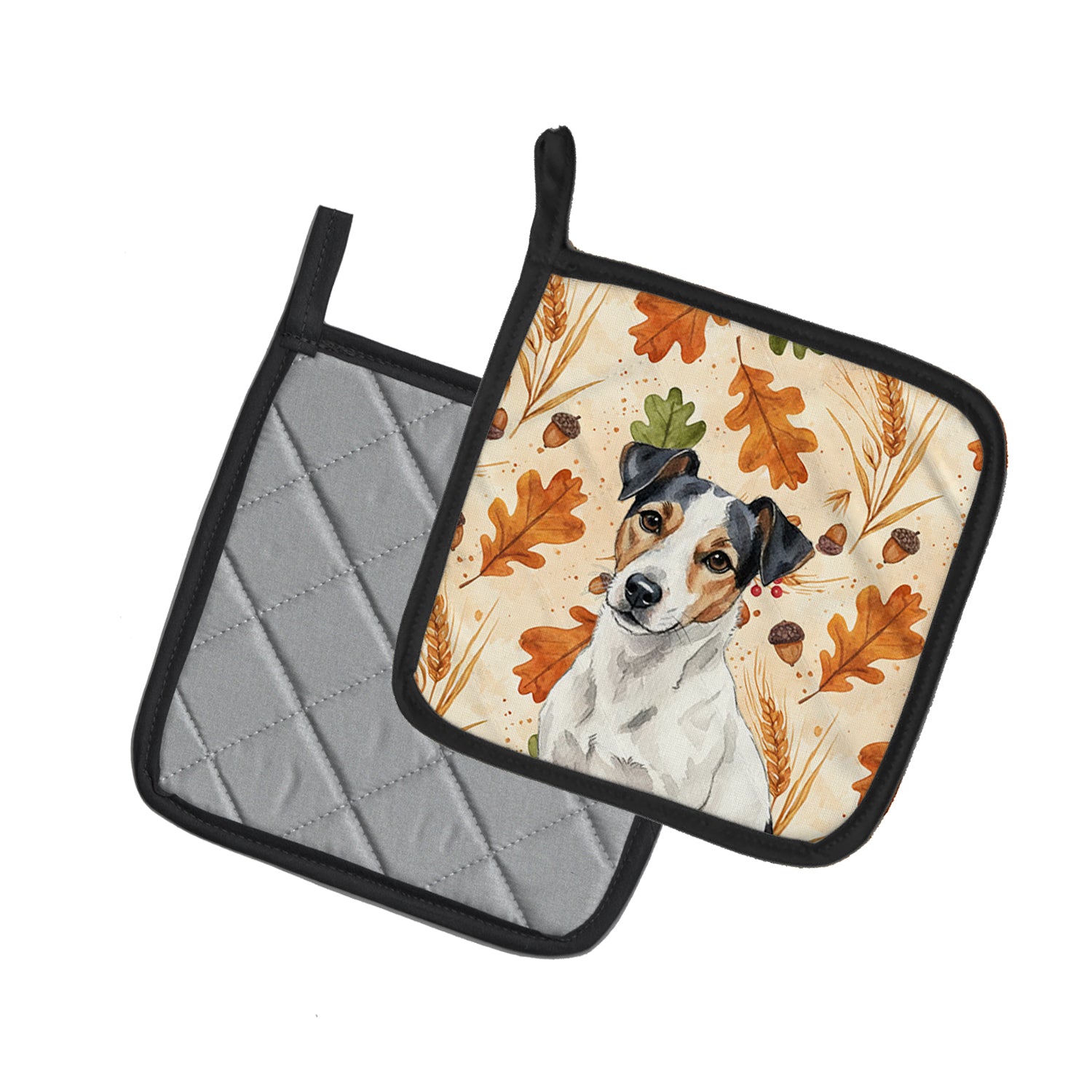 Caroline's Treasures White with Black Markings Russell Terrier Heirloom Fall Pair of Pot Holders