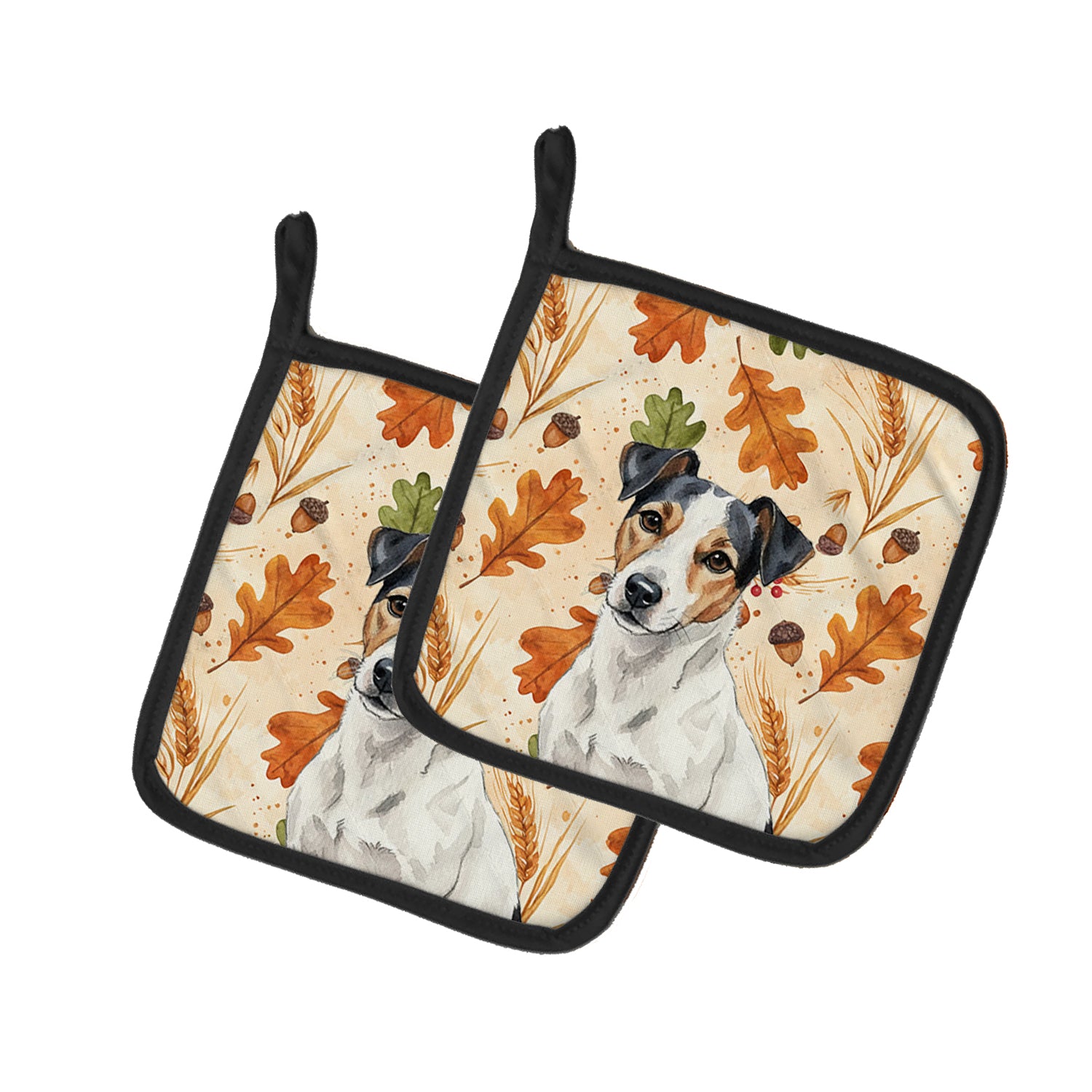 Caroline's Treasures White with Black Markings Russell Terrier Heirloom Fall Pair of Pot Holders