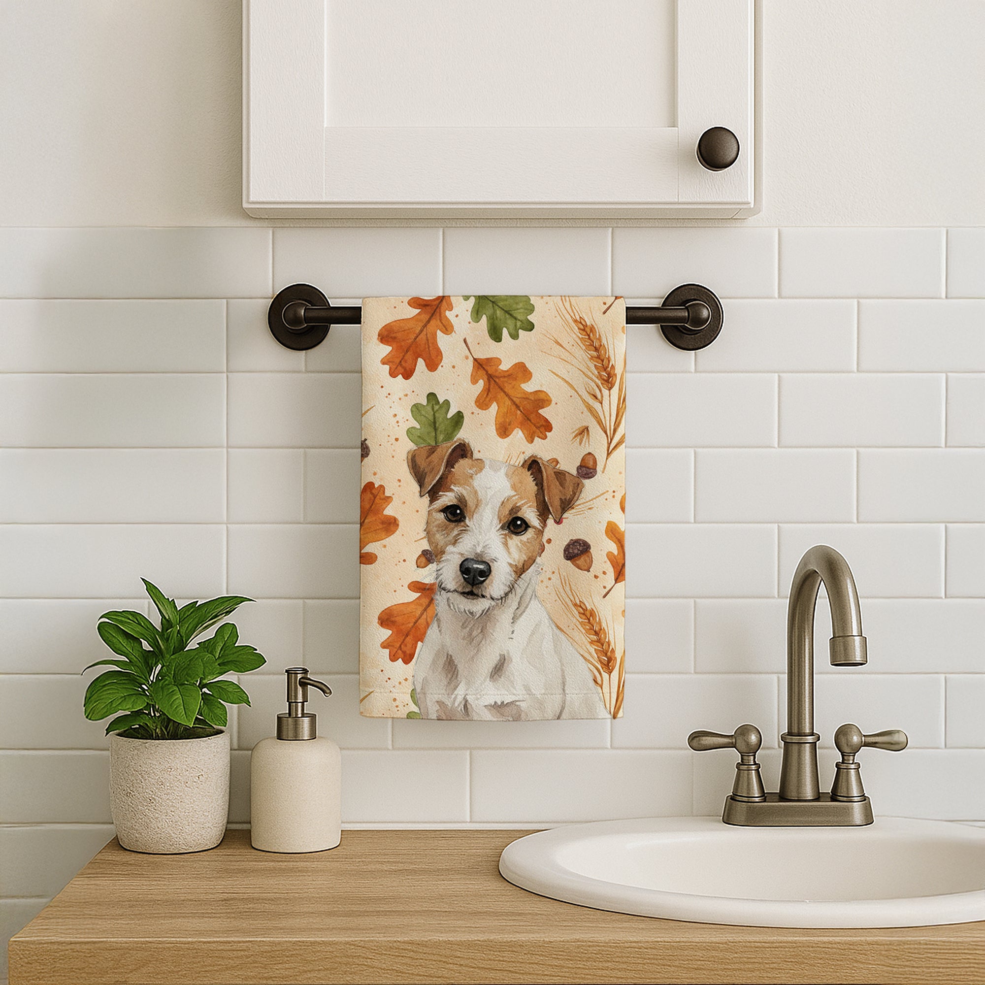 Caroline's Treasures White with Tan Markings Russell Terrier Heirloom Fall Kitchen Towel