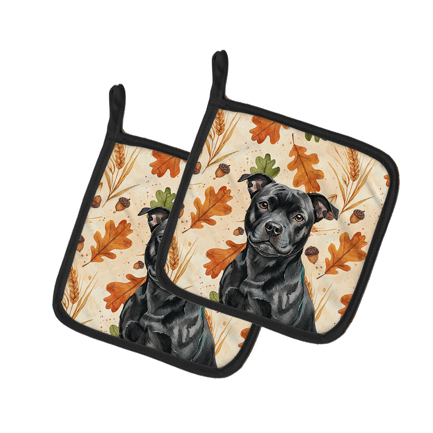 Caroline's Treasures Black Staffordshire Bull Terrier Heirloom Fall Pair of Pot Holders