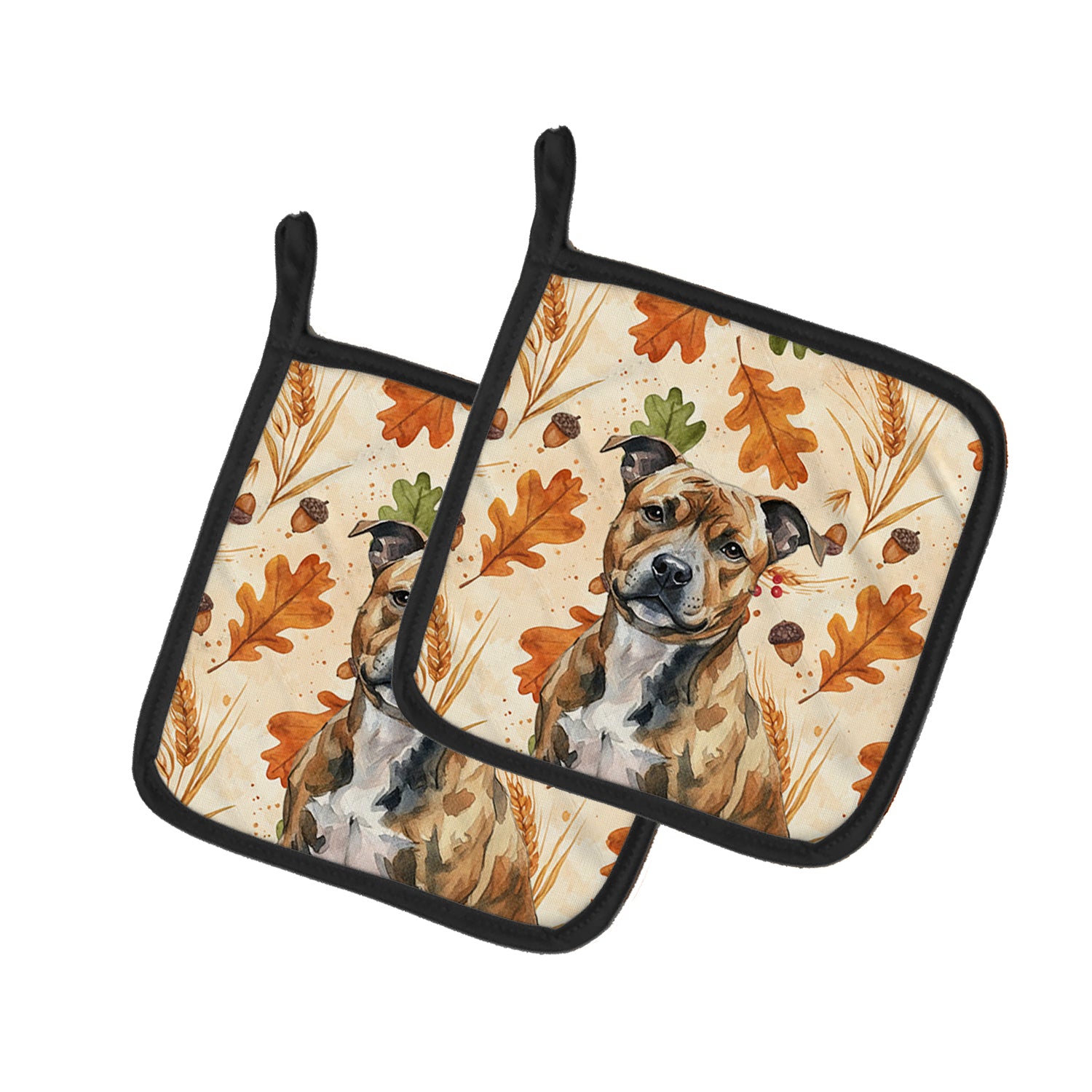 Caroline's Treasures Brindle Staffordshire Bull Terrier Heirloom Fall Pair of Pot Holders