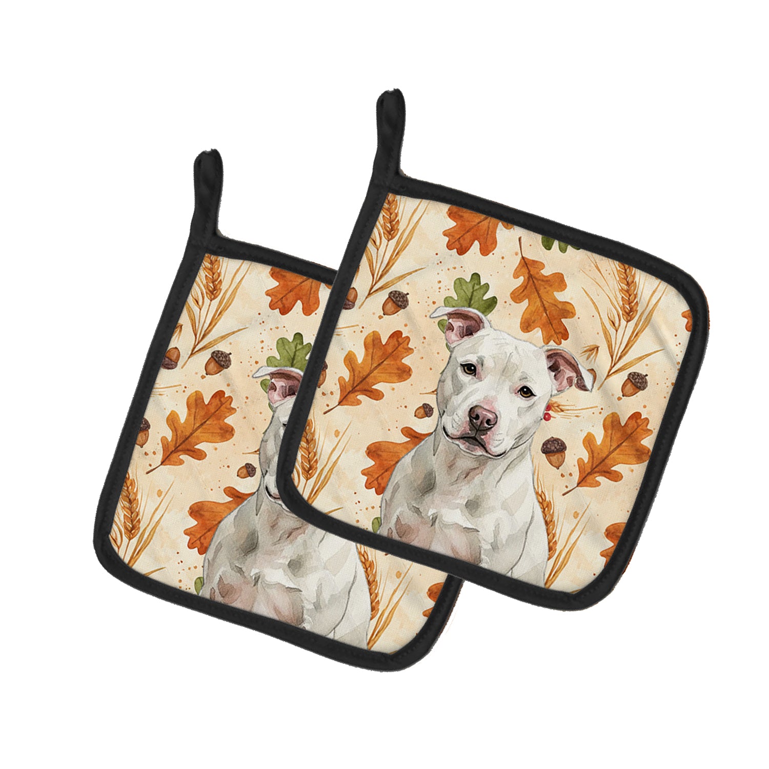 Caroline's Treasures White Staffordshire Bull Terrier Heirloom Fall Pair of Pot Holders