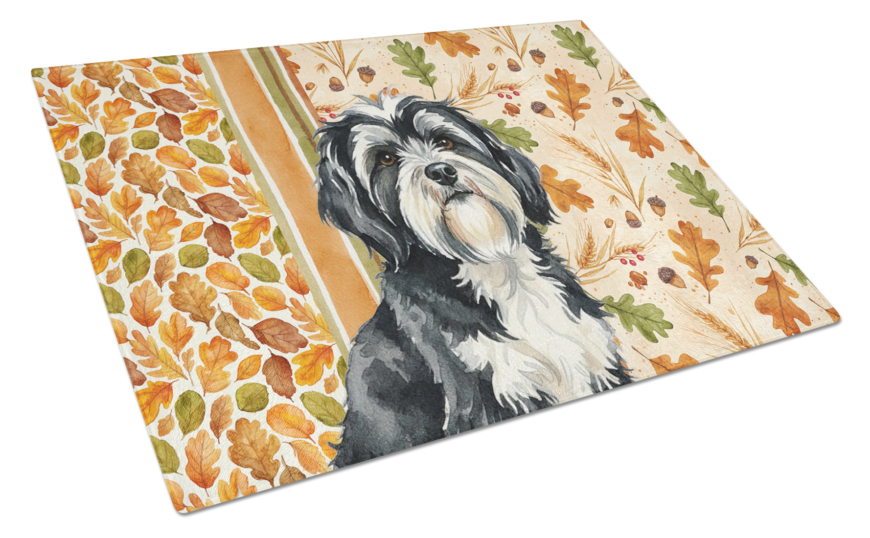 Caroline's Treasures Black and White Tibetan Terrier Heirloom Fall Glass Cutting Board