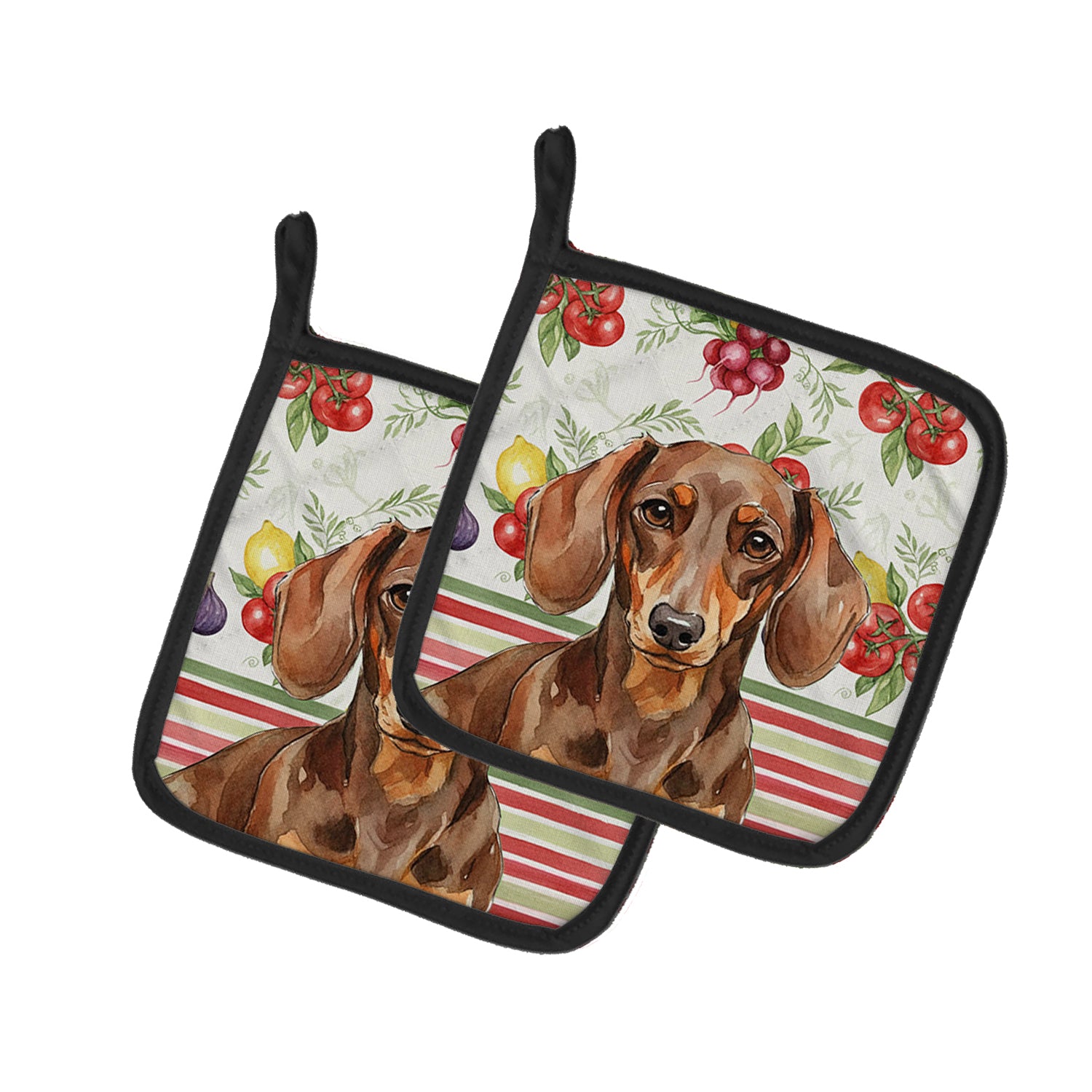 Caroline's Treasures Chocolate and Tan Dachshund Vegetables Pair of Pot Holders