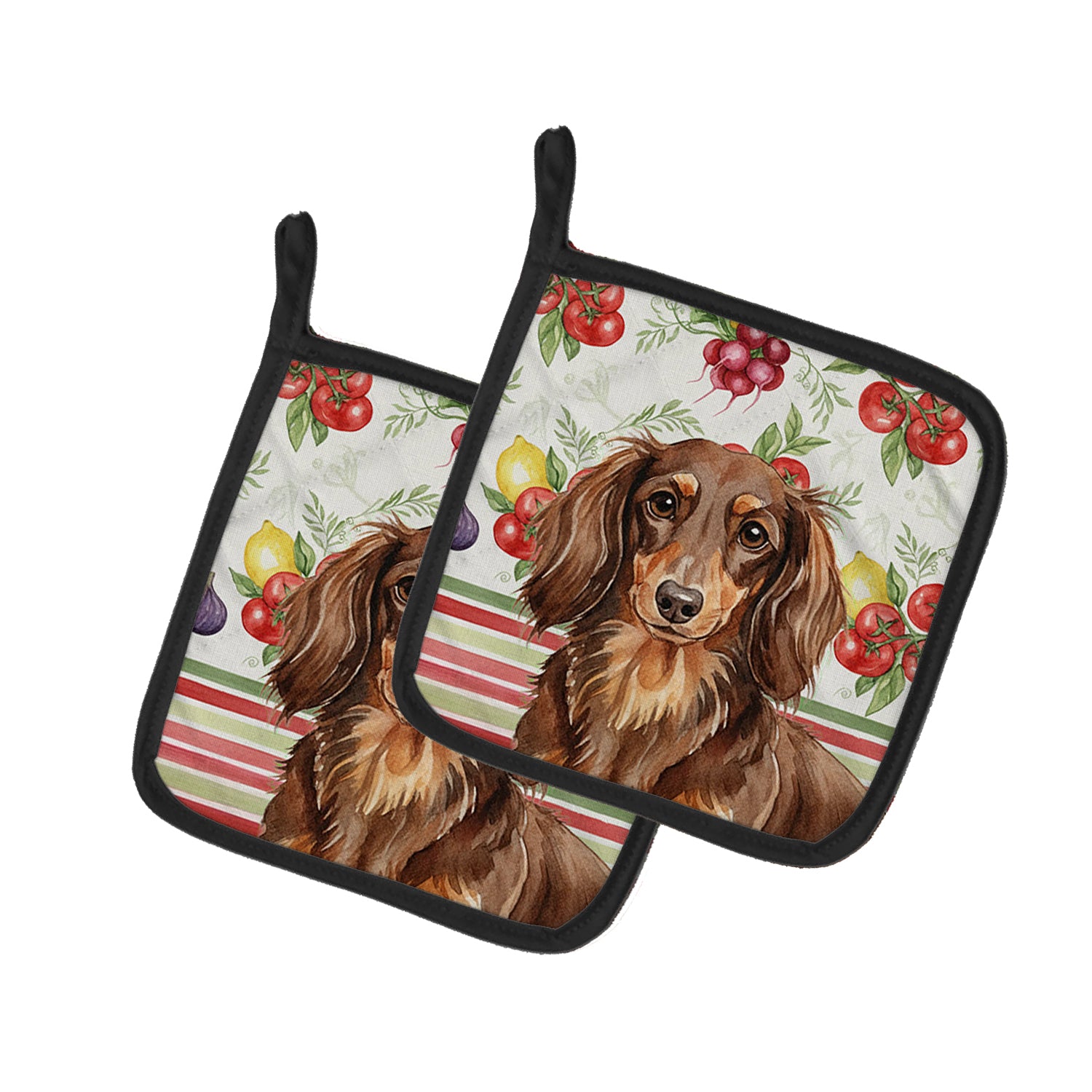 Caroline's Treasures Longhaired Chocolate and Tan Dachshund Vegetables Pair of Pot Holders
