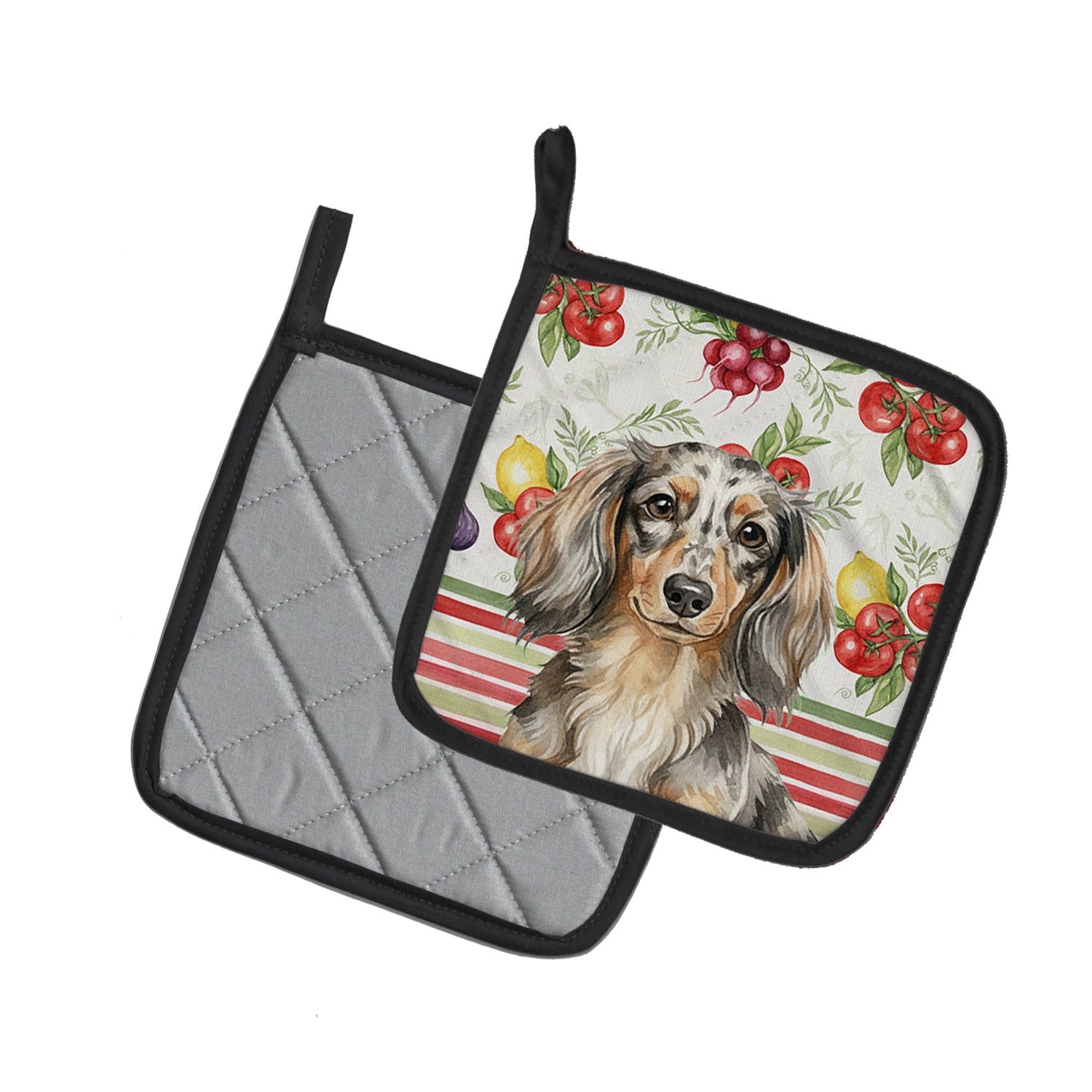 Caroline's Treasures Longhaired Dapple Dachshund Vegetables Pair of Pot Holders