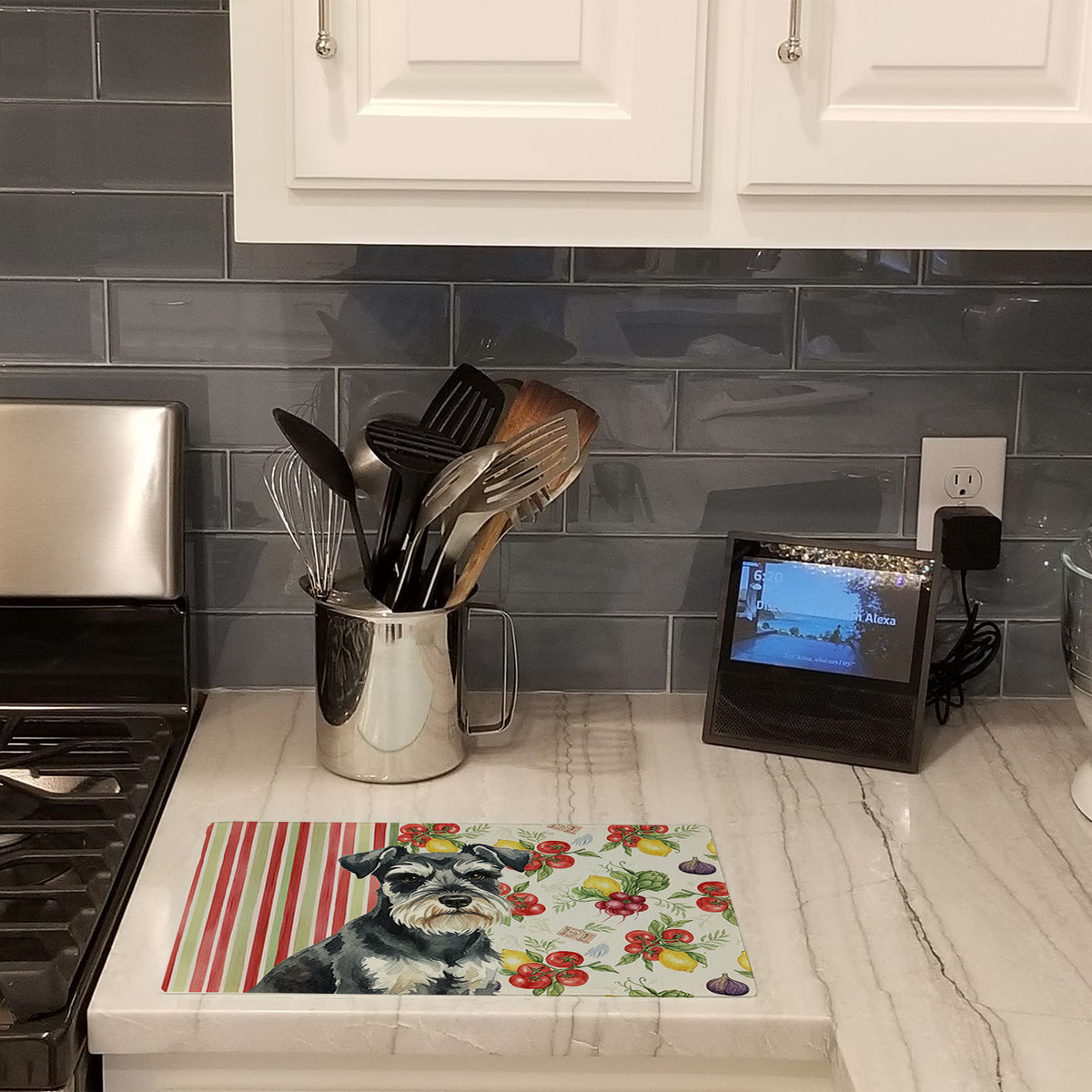 Caroline's Treasures Black & Silver Miniature Schnauzer Vegetables Glass Cutting Board