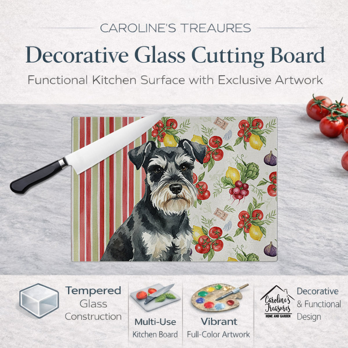 Caroline's Treasures Black & Silver Miniature Schnauzer Vegetables Glass Cutting Board