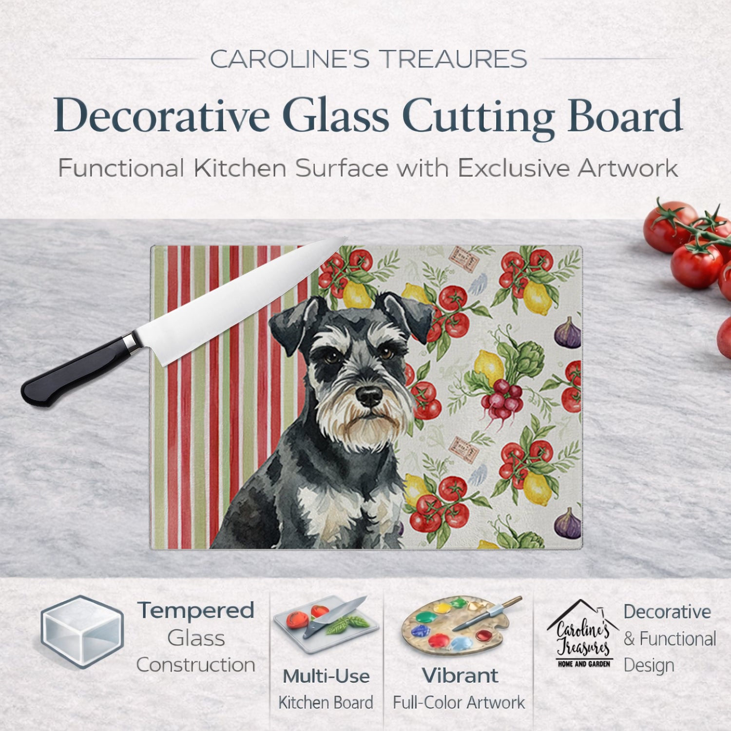 Caroline's Treasures Black & Silver Miniature Schnauzer Vegetables Glass Cutting Board