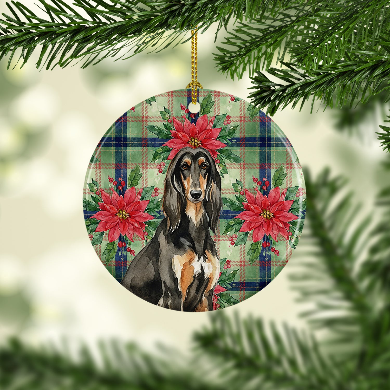 Caroline's Treasures Black & Tan Afghan Hound Christmas PoinsettIas Ceramic Ornament