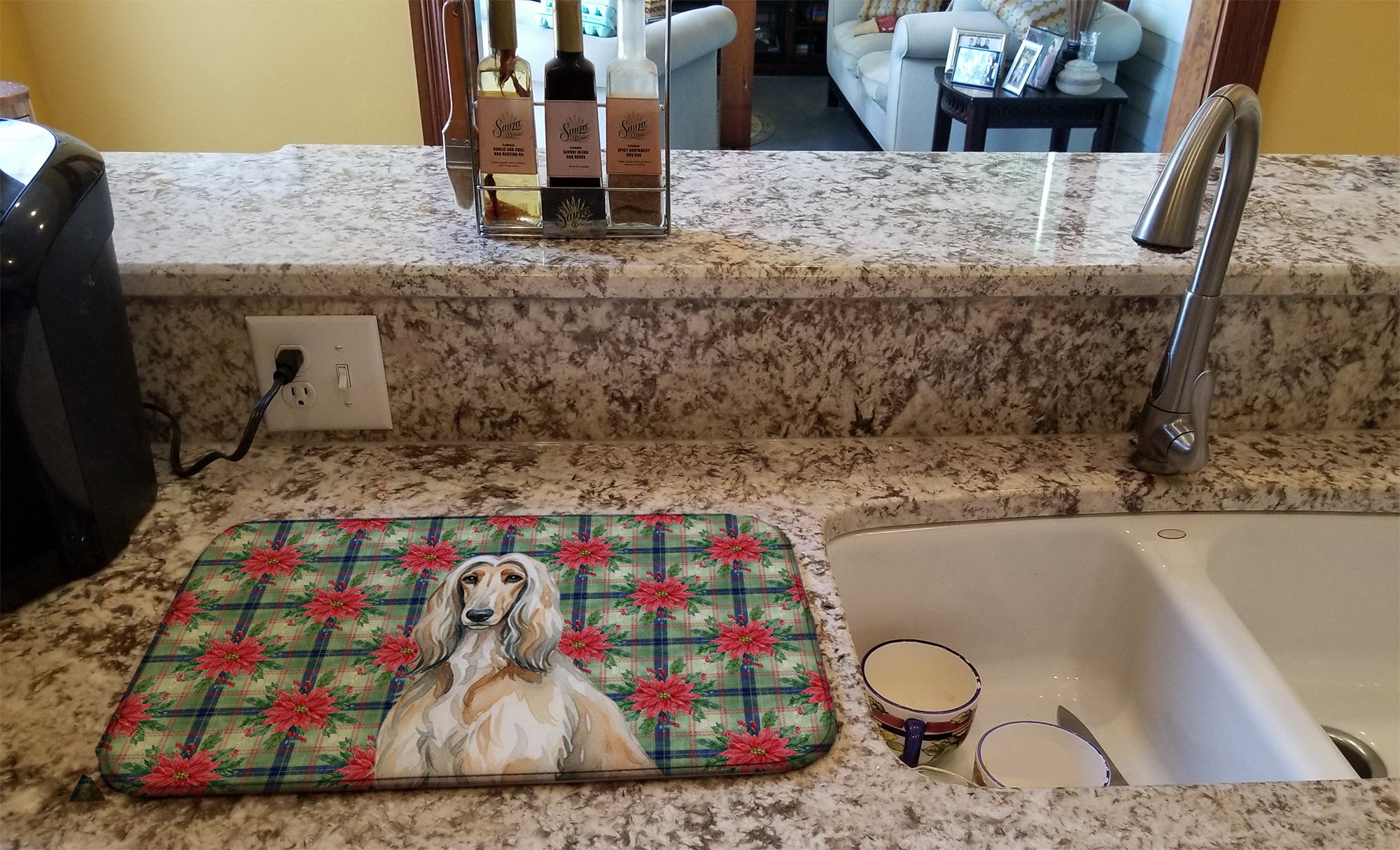 Caroline's Treasures Afghan Hound Christmas PoinsettIas Dish Drying Mat