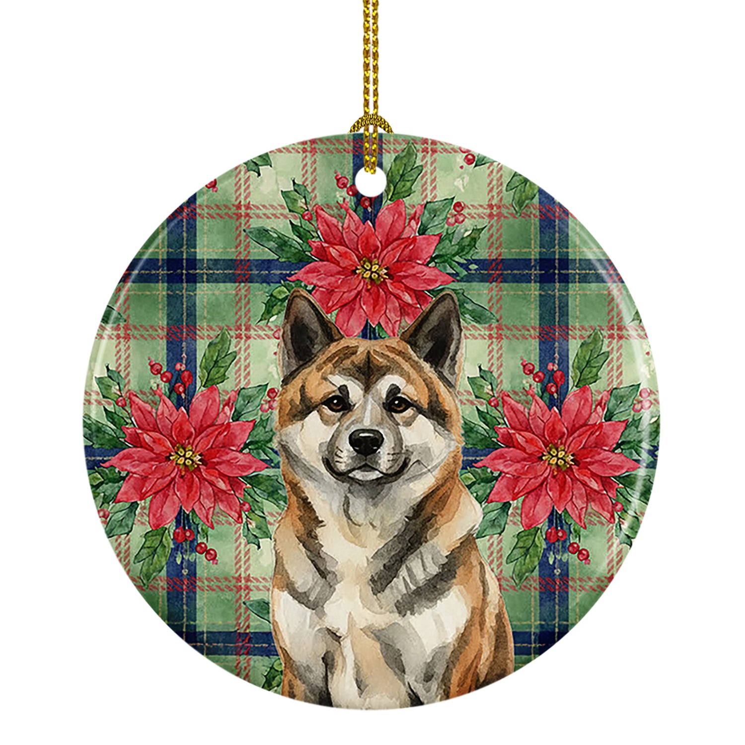 Caroline's Treasures Brindle Akita Christmas PoinsettIas Ceramic Ornament